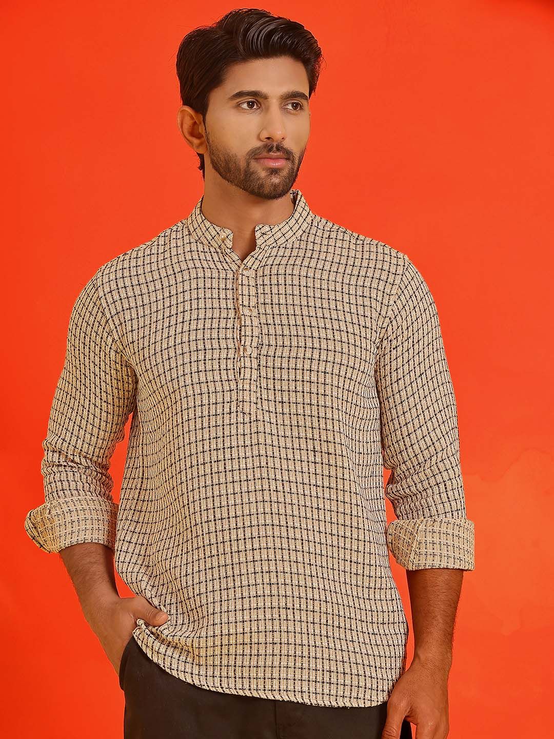 Jompers Checked Band Collar Long Roll-Up Sleeves Straight Kurta - Image 4
