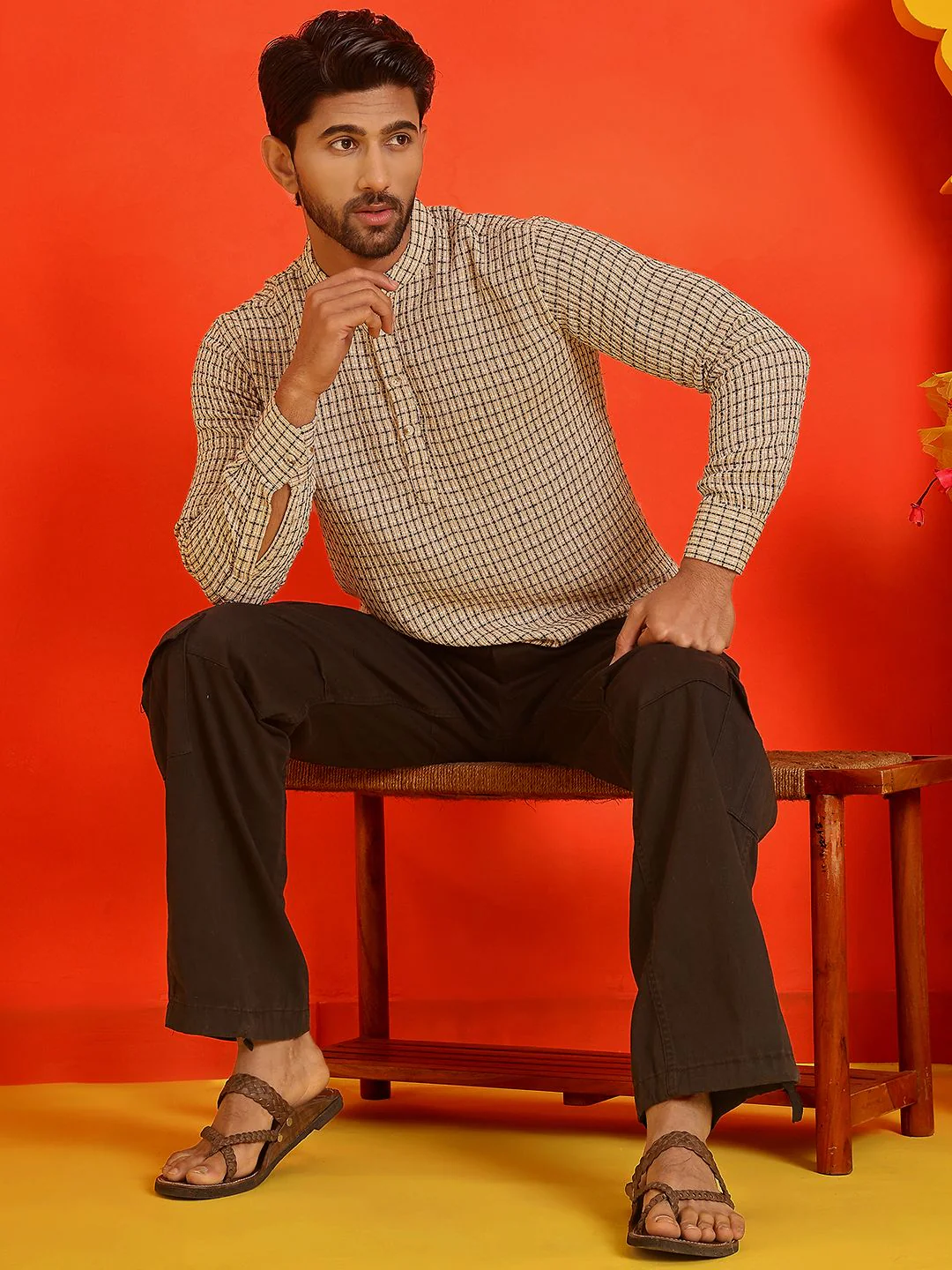 Jompers Checked Band Collar Long Roll-Up Sleeves Straight Kurta - Image 5