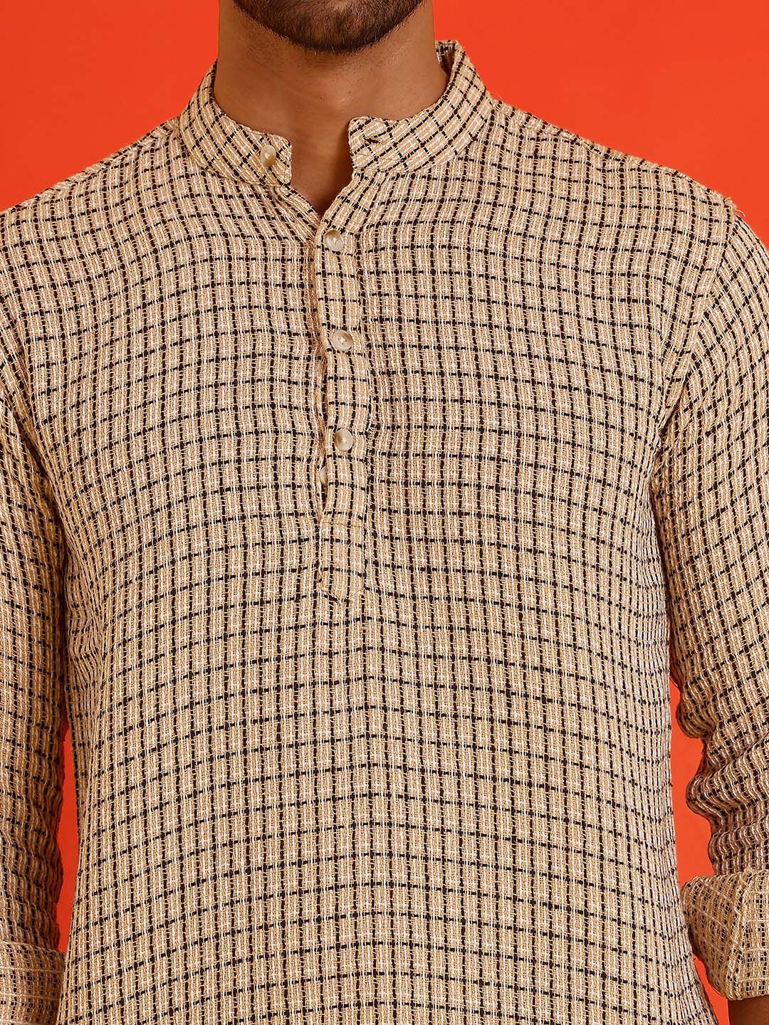 Jompers Checked Band Collar Long Roll-Up Sleeves Straight Kurta - Image 6