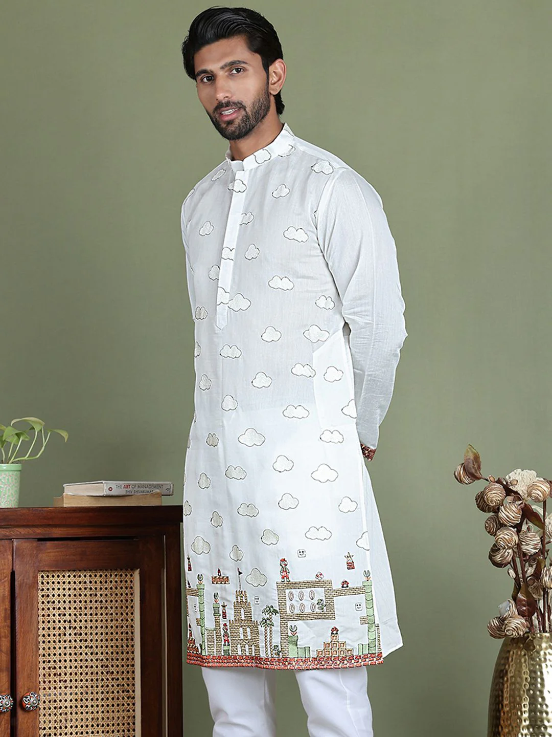 Jompers Coversational Printed Embroidered Mandarin Collar Straight Kurta - Image 3