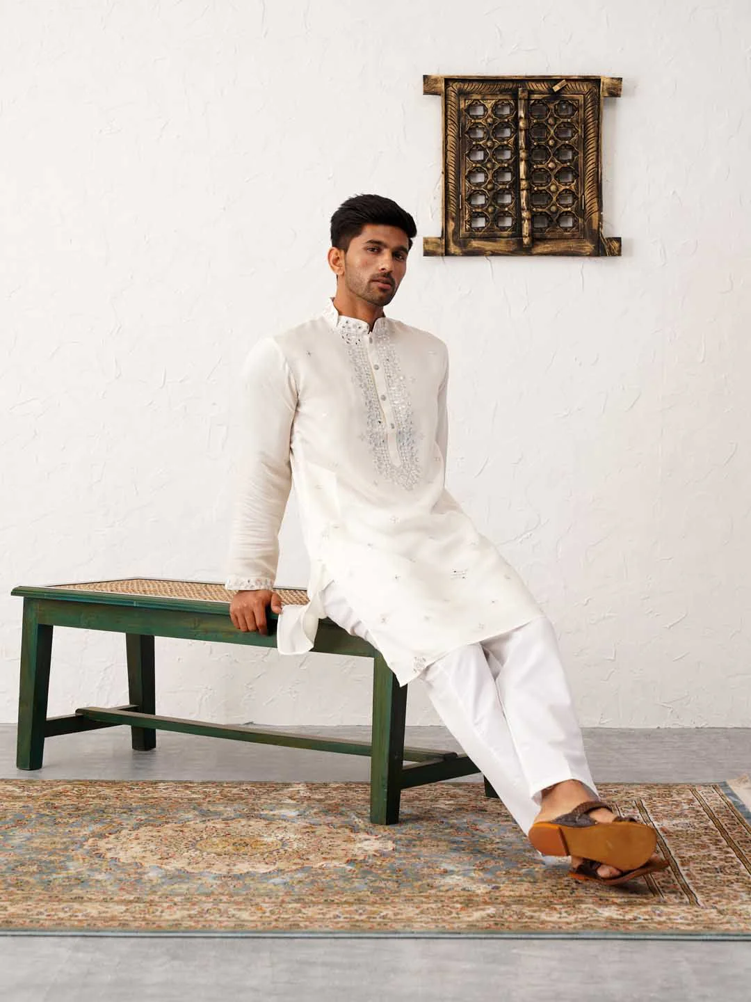 Jompers Embroidered Mandarin Collar Mirror Work Straight Kurta with Pyjamas - Image 5