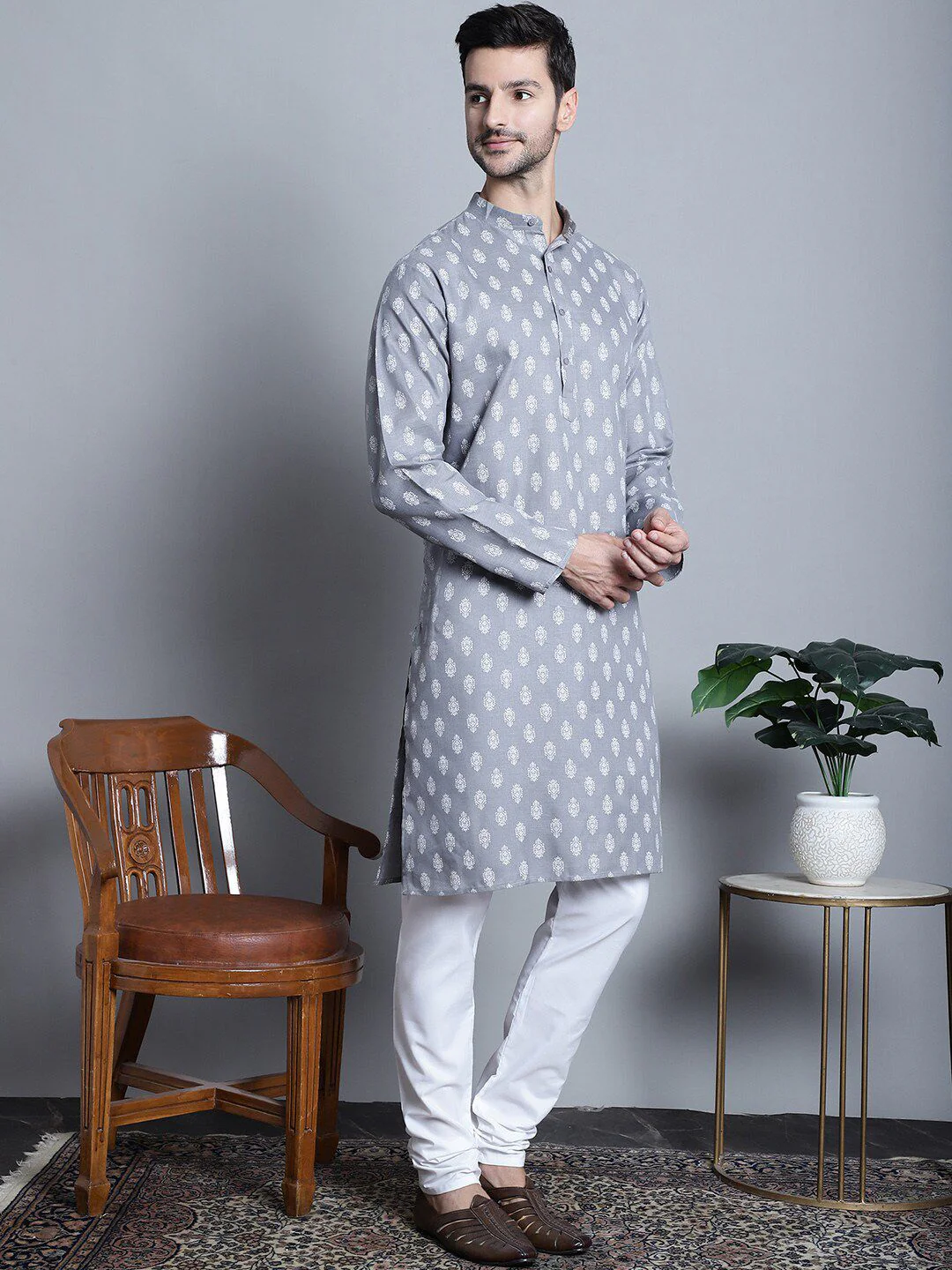 Jompers Ethnic Motifs Printed Band Collar Cotton Kurta - Image 5