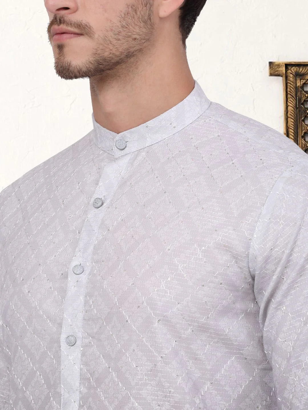 Jompers Ethnic Motifs Printed Mandarin Collar Sequinned Cotton Straight Kurta - Image 2