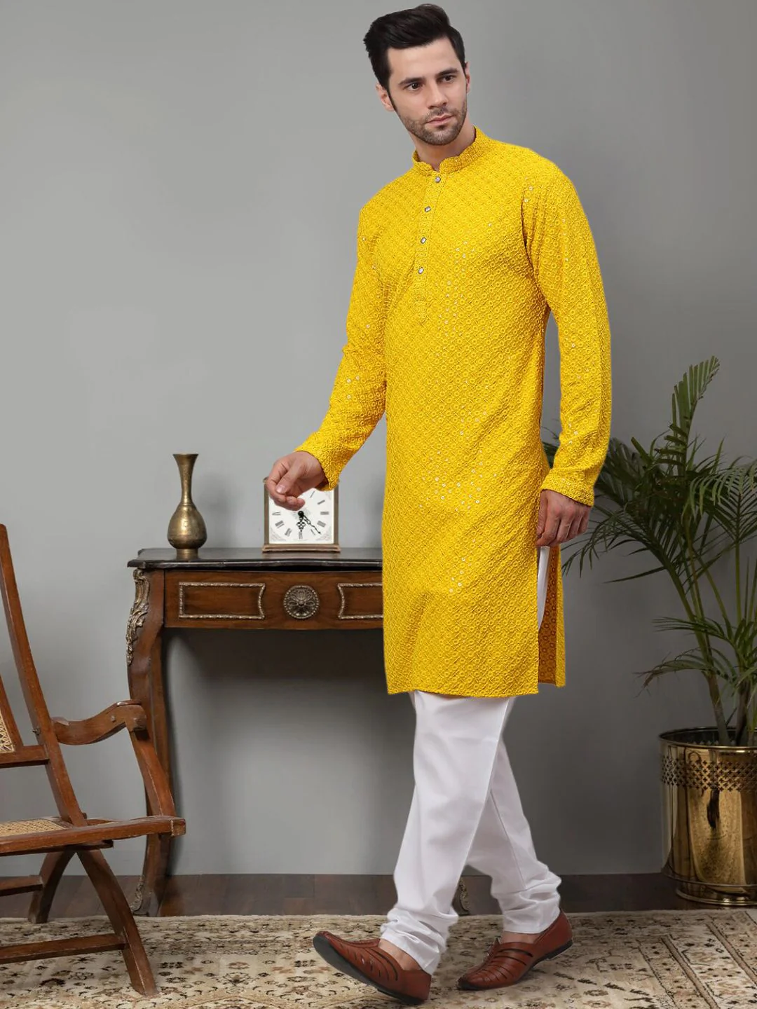 Jompers Floral Embroidered Chikankari Pure Cotton Kurta with Churidar - Image 5