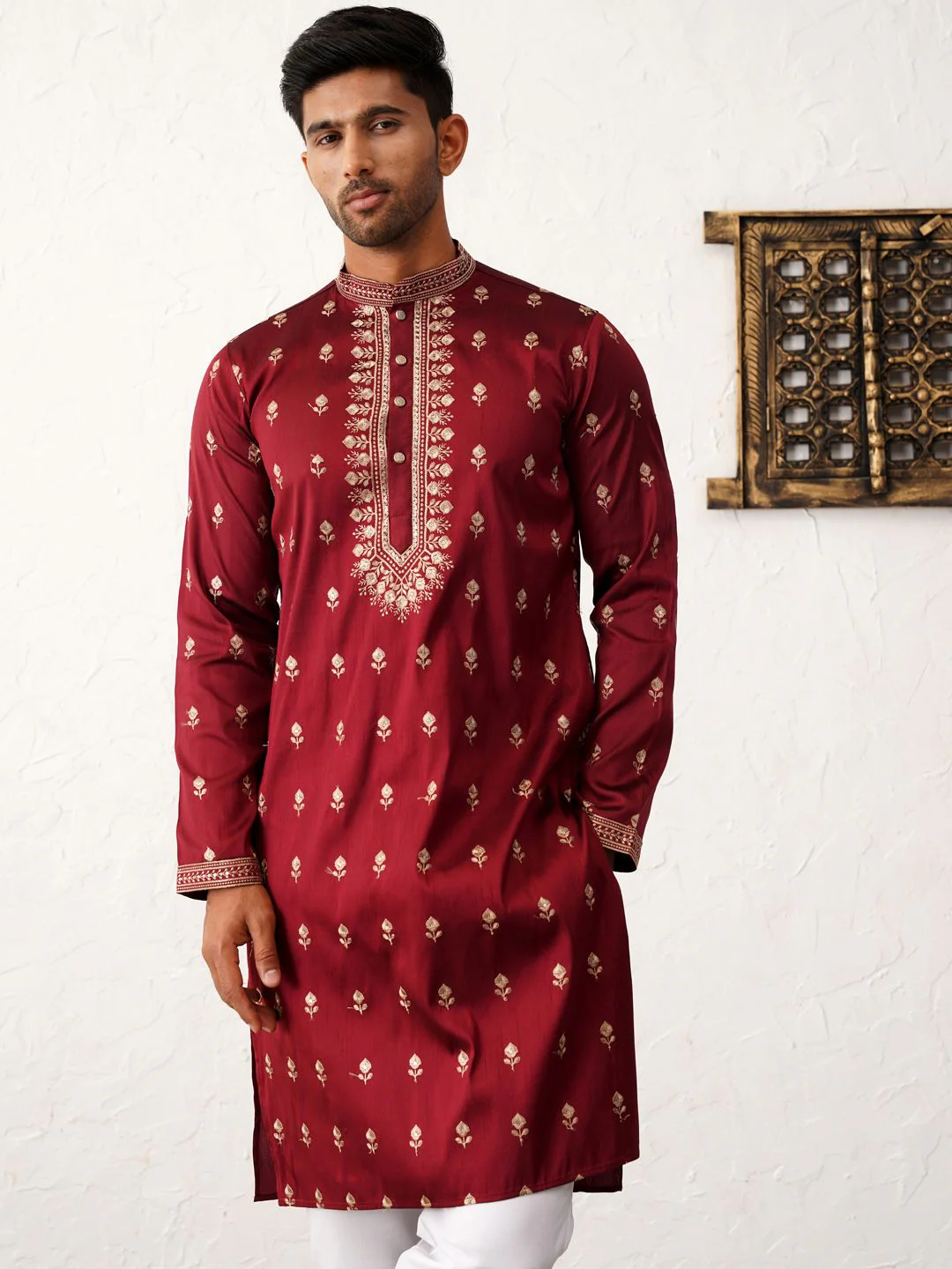 Jompers Floral Embroidered Mandarin Collar Chikankari Cotton & Silk Straight Kurta - Image 2