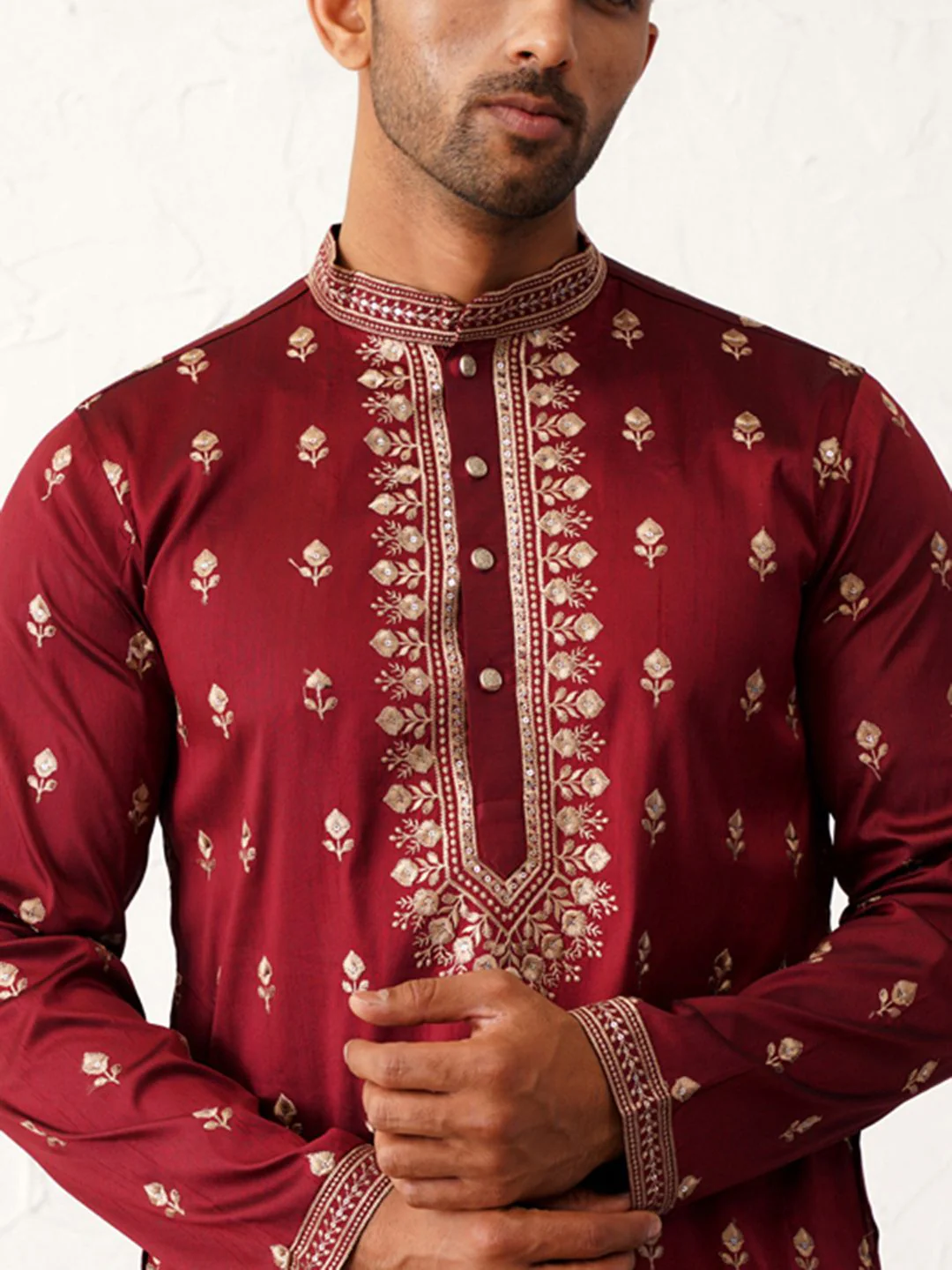 Jompers Floral Embroidered Mandarin Collar Chikankari Cotton & Silk Straight Kurta - Image 3