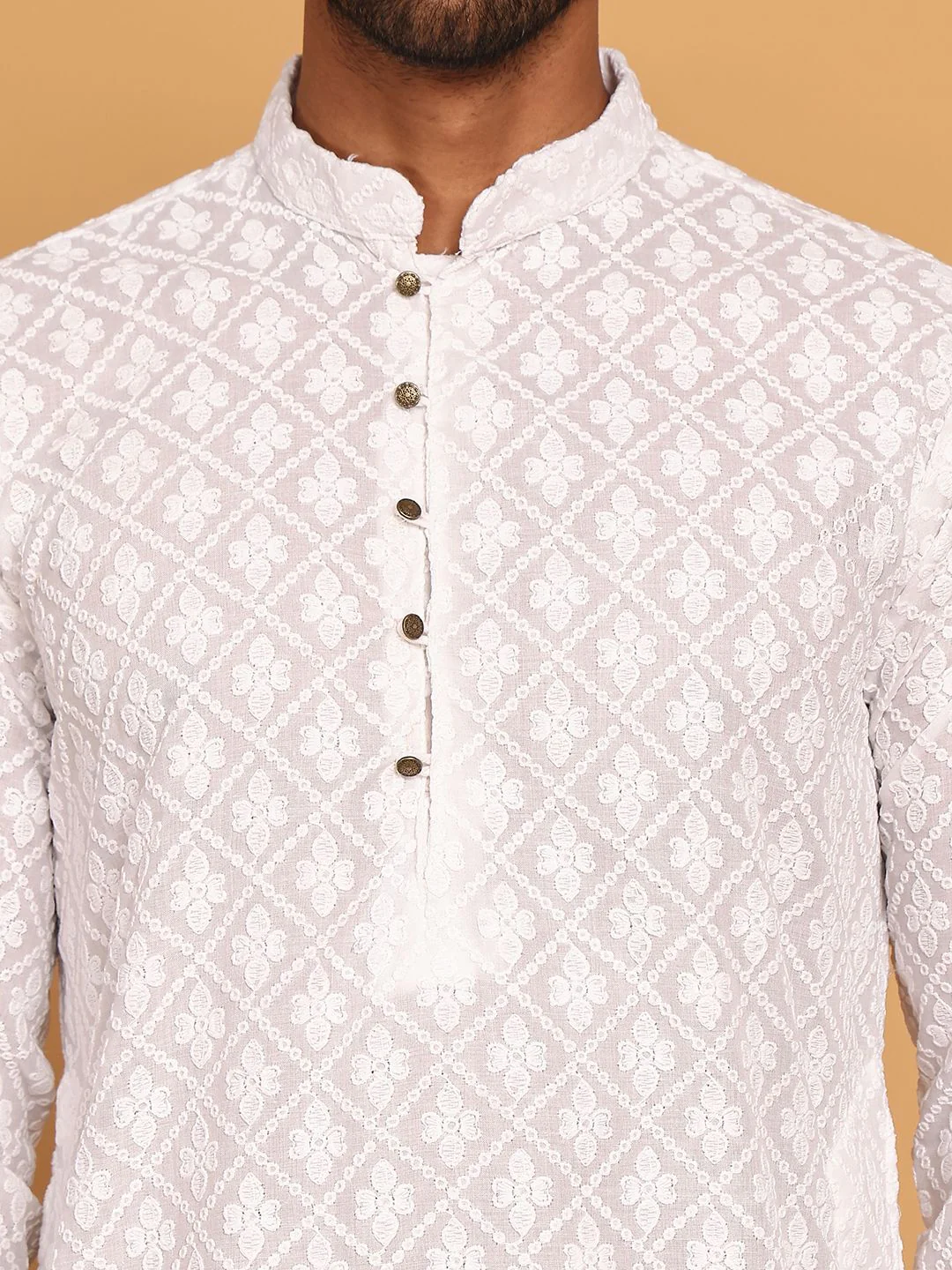 Jompers Floral Embroidered Mandarin Collar Chikankari Pure Cotton Kurta With Pyjama - Image 2