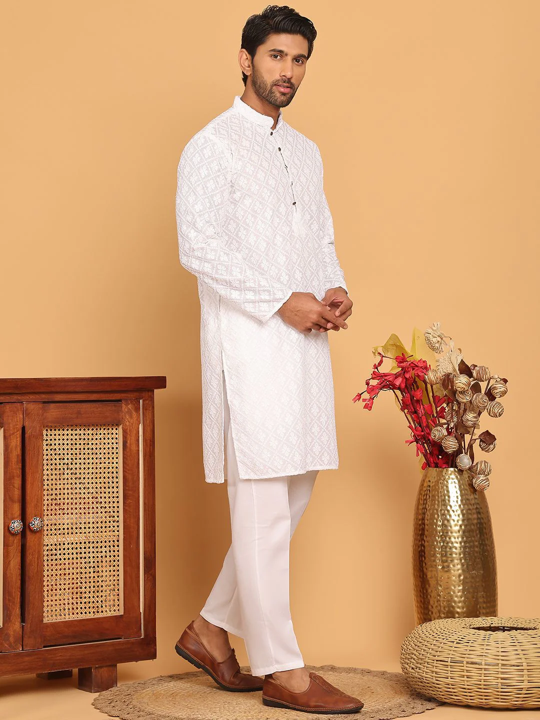 Jompers Floral Embroidered Mandarin Collar Chikankari Pure Cotton Kurta With Pyjama - Image 5