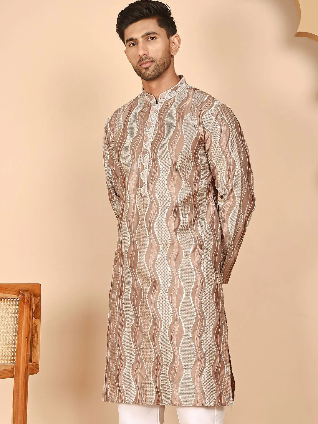Jompers Floral Embroidered Mandarin Collar Mirror Work Silk Kurta With Dupatta - Image 4