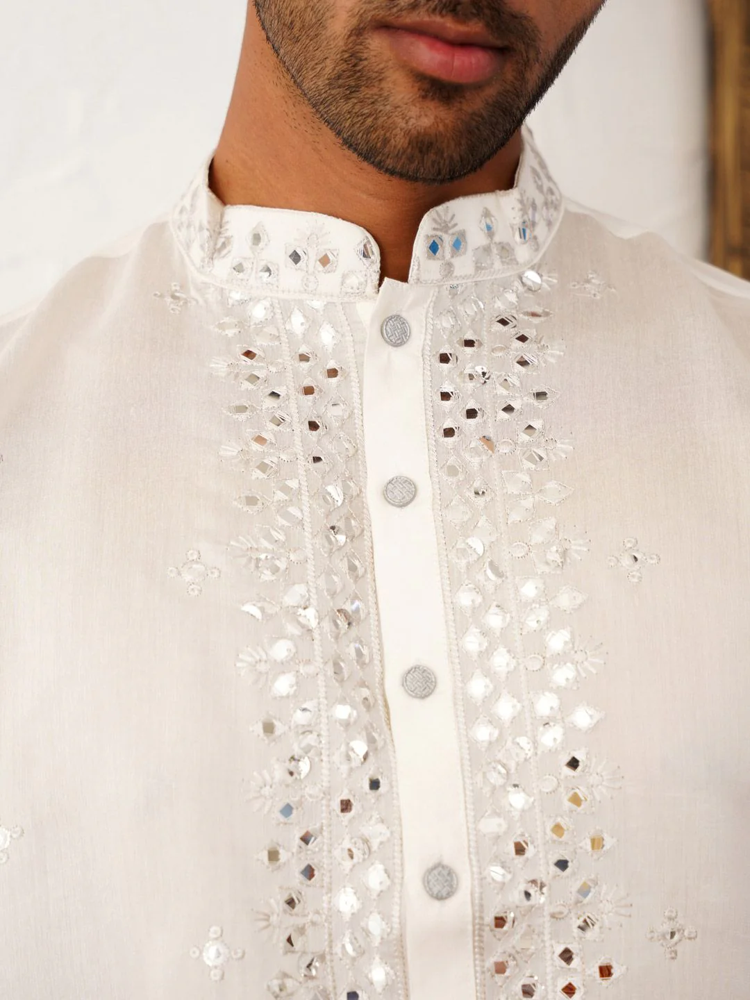 Jompers Floral Embroidered Mirror Work Mandarin Collar Kurta With Trousers - Image 3