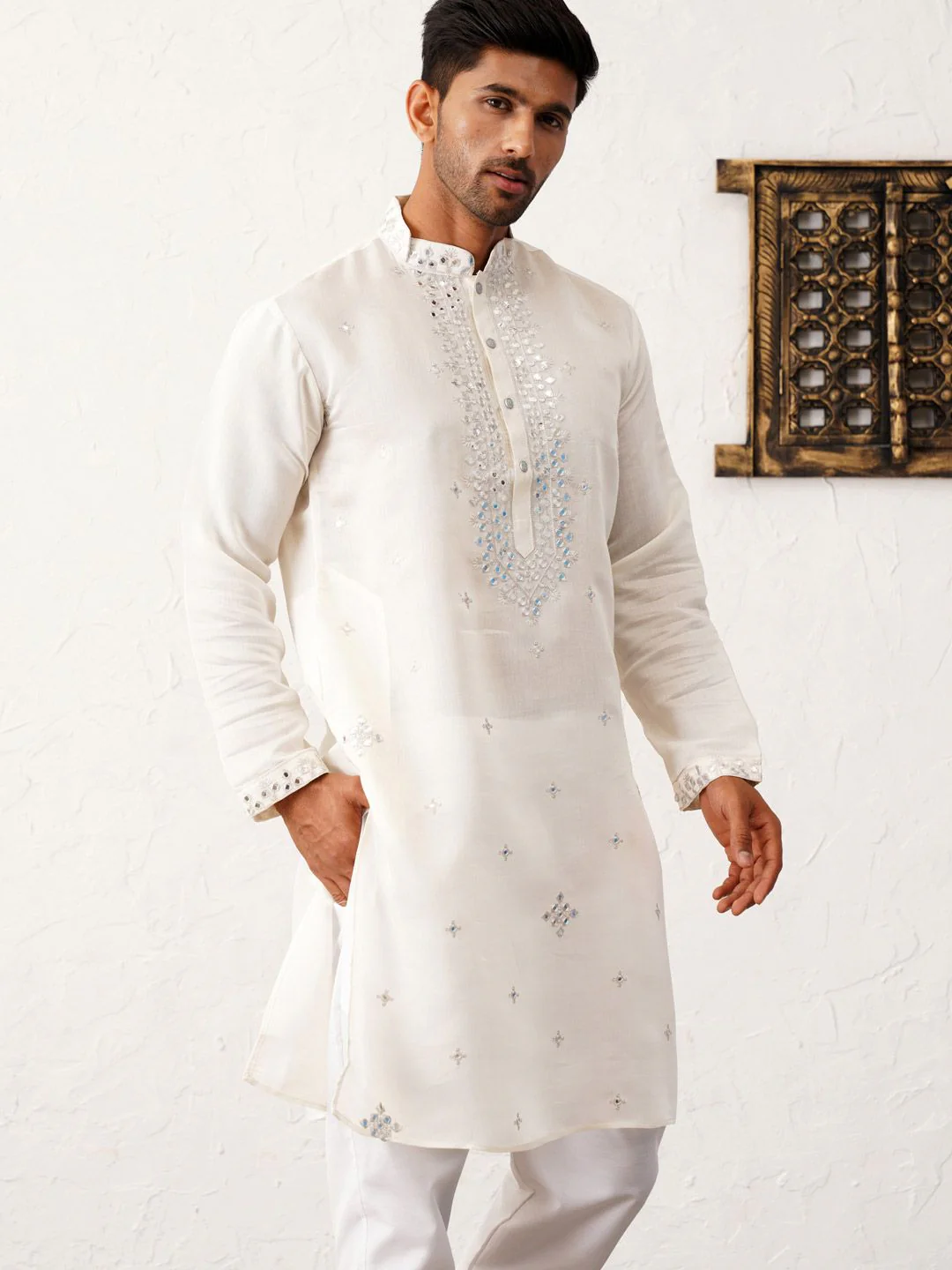 Jompers Floral Embroidered Mirror Work Mandarin Collar Kurta With Trousers - Image 7