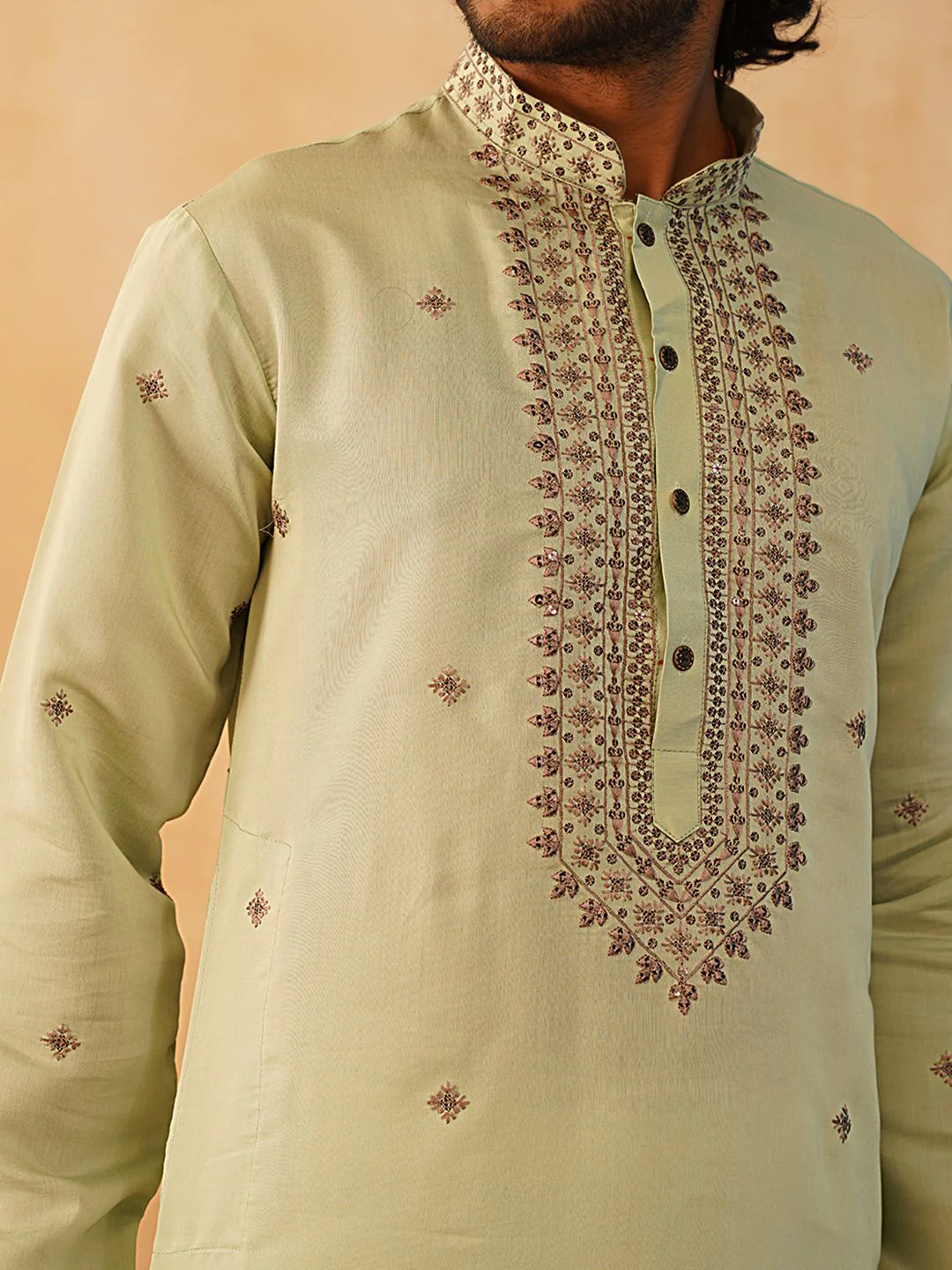 Jompers Floral Embroidered Sequinned Mandarin Collar Kurta With Trousers - Image 3