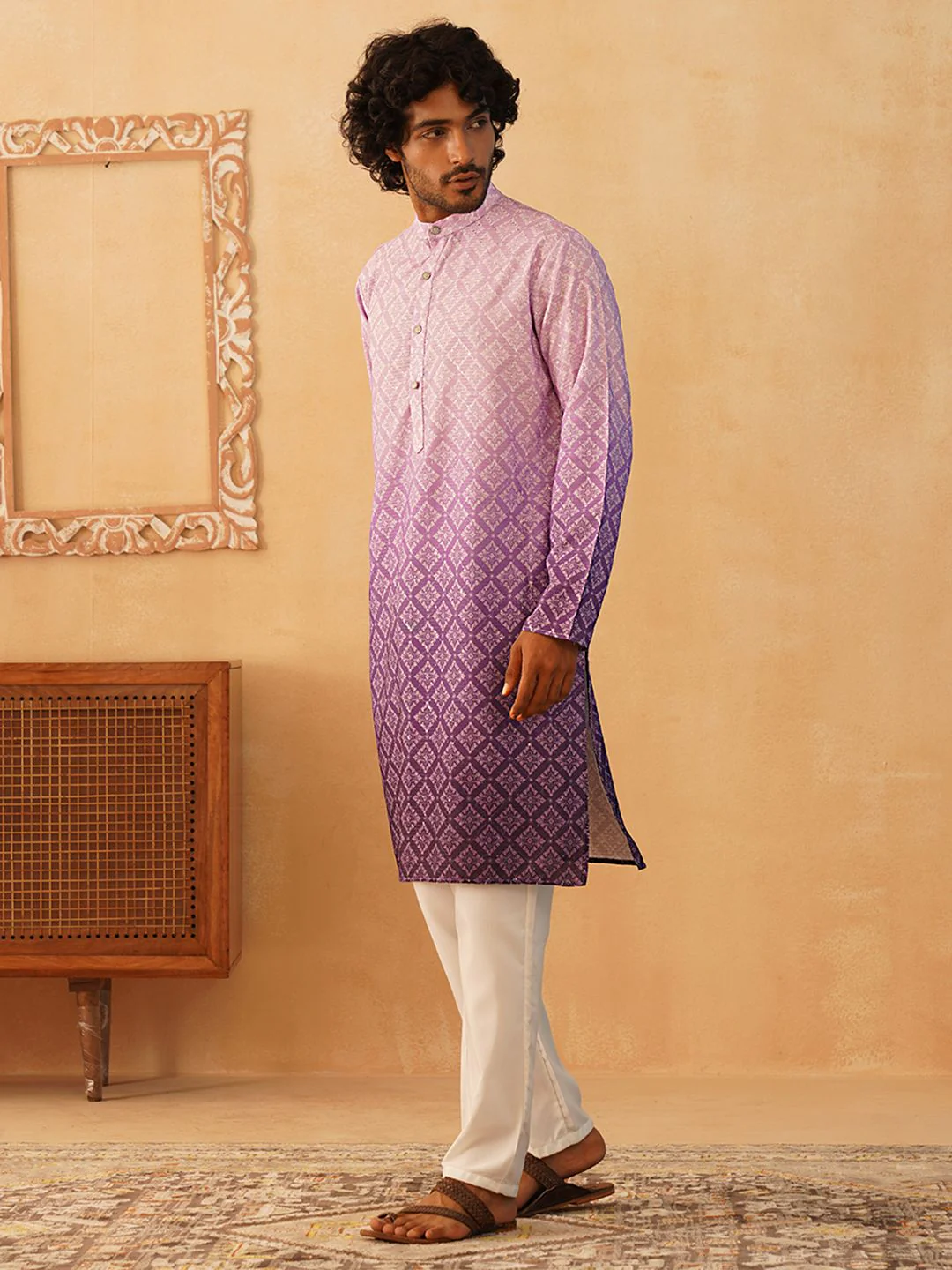 Jompers Floral Printed Sequinned Mandarin Collar Kurta With Trousers - Image 5