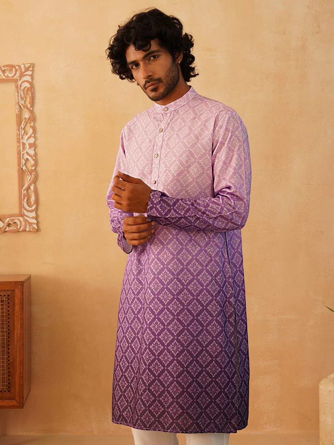 Jompers Floral Printed Sequinned Mandarin Collar Kurta With Trousers - Image 7