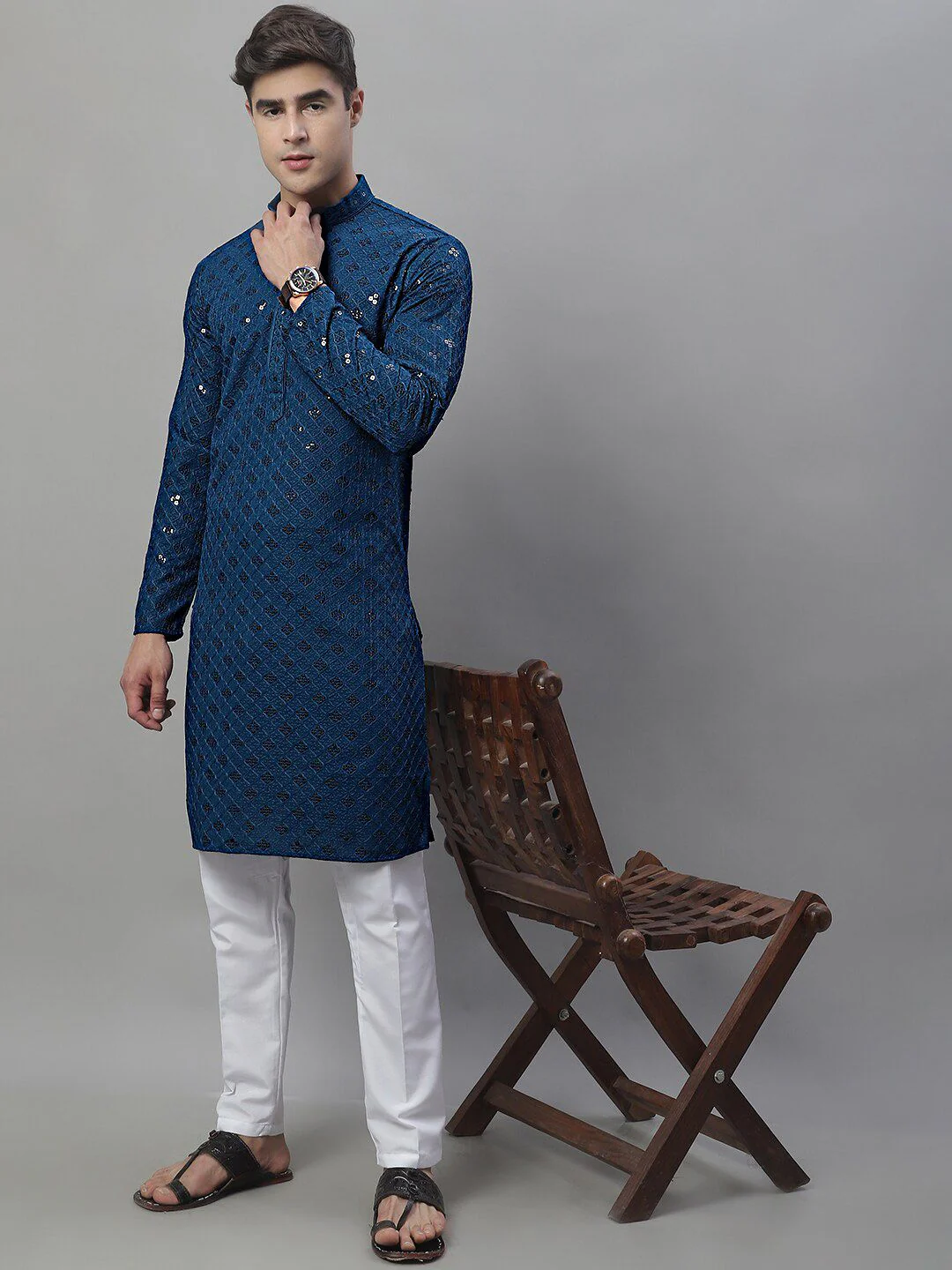 Jompers Geometric Chikankari Embroidered Kurta With Pyjamas