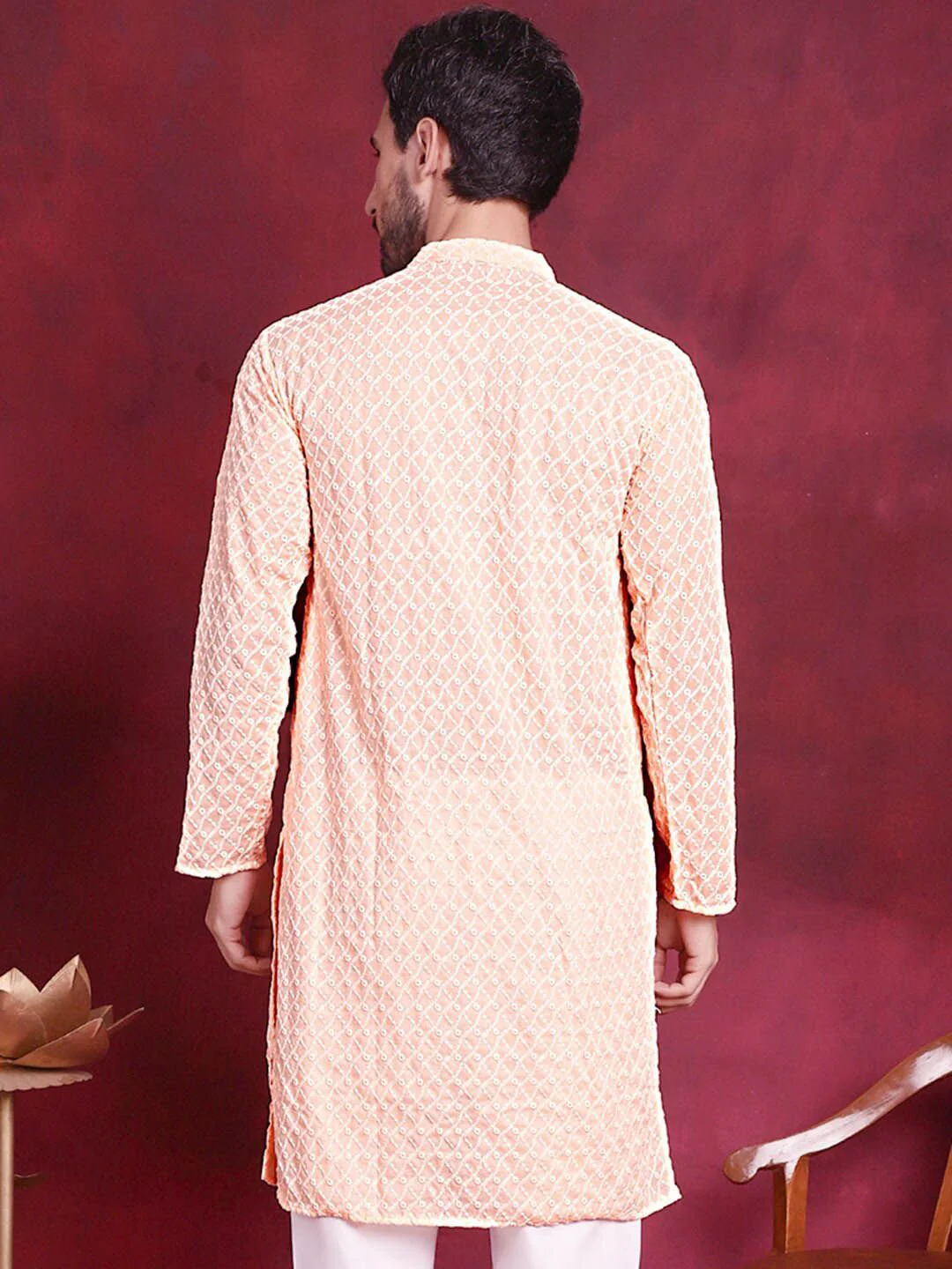Jompers Geometric Embroidered Chikankari Band Collar Long Sleeve Collar Cotton Kurta - Image 3