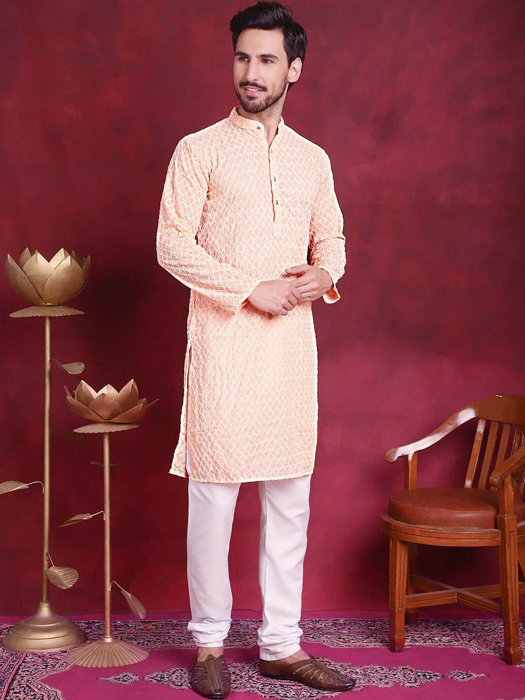 Jompers Geometric Embroidered Chikankari Band Collar Long Sleeve Collar Cotton Kurta - Image 5