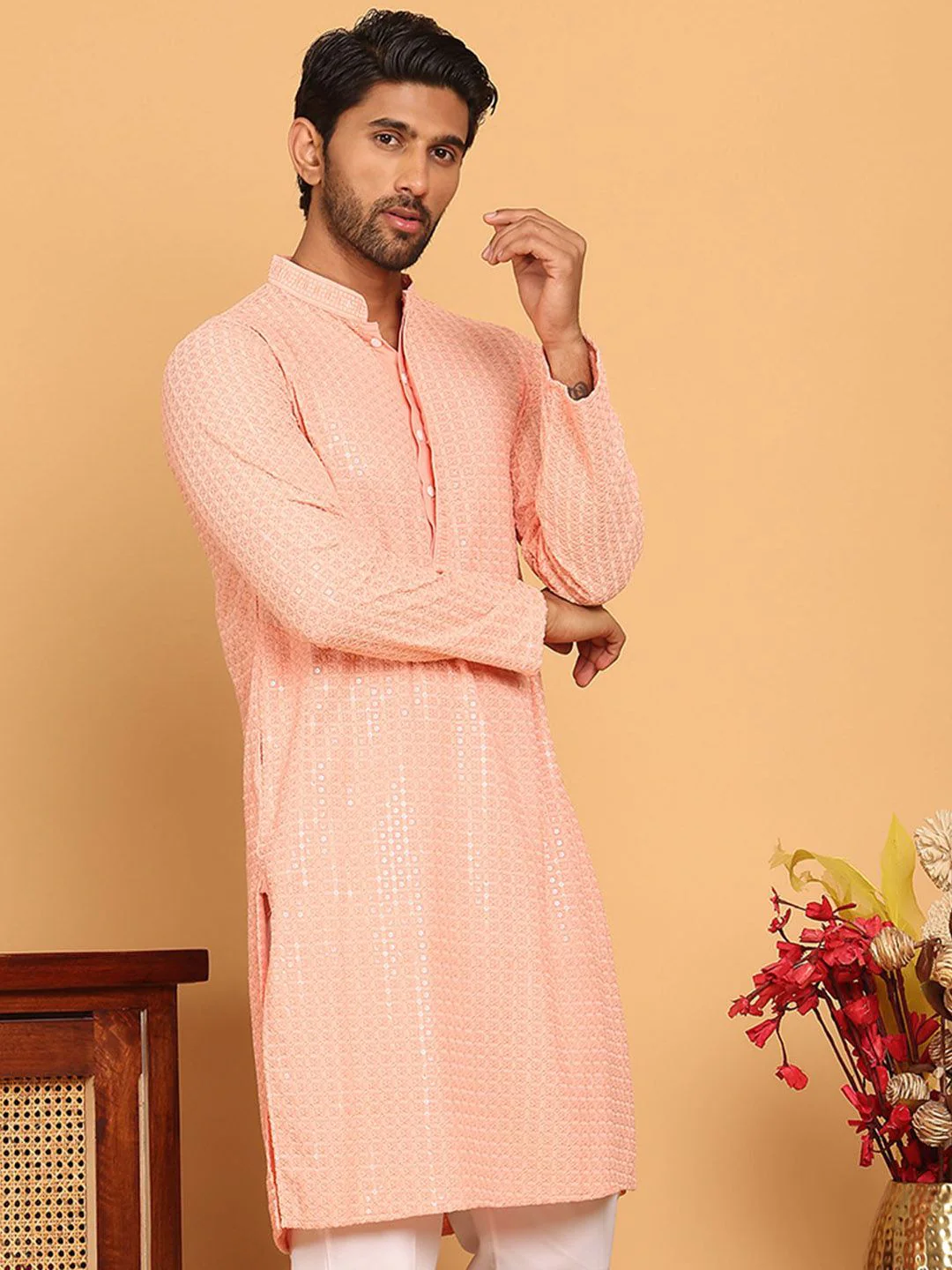 Jompers Geometric Embroidered Mandarin Collar Sequinned Straight Kurta - Image 5