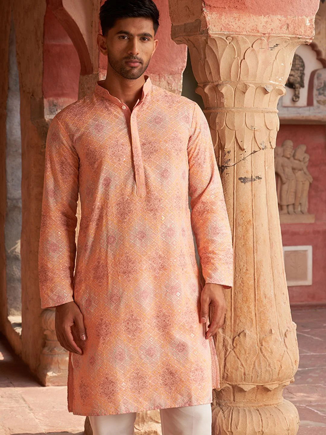 Jompers Geometric Embroidered Mandarin Collar Thread Work Straight Kurta - Image 4