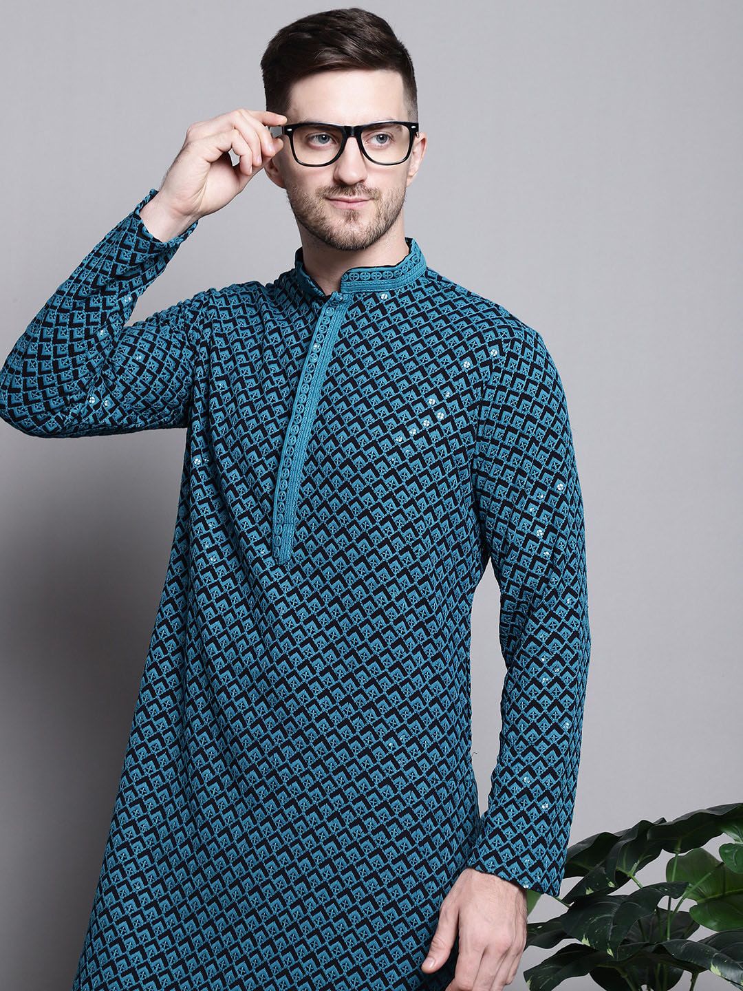 Jompers Geometric Embroidered Thread Work Sequinned Pure Cotton Kurta - Image 6