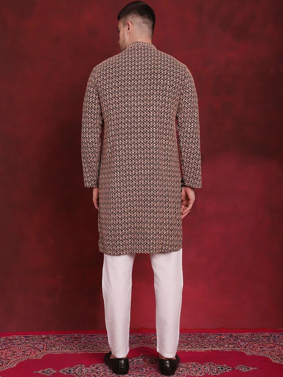 Jompers Geometric Self Design Thread Work Pure Cotton Kurta With Pyjamas - Image 4