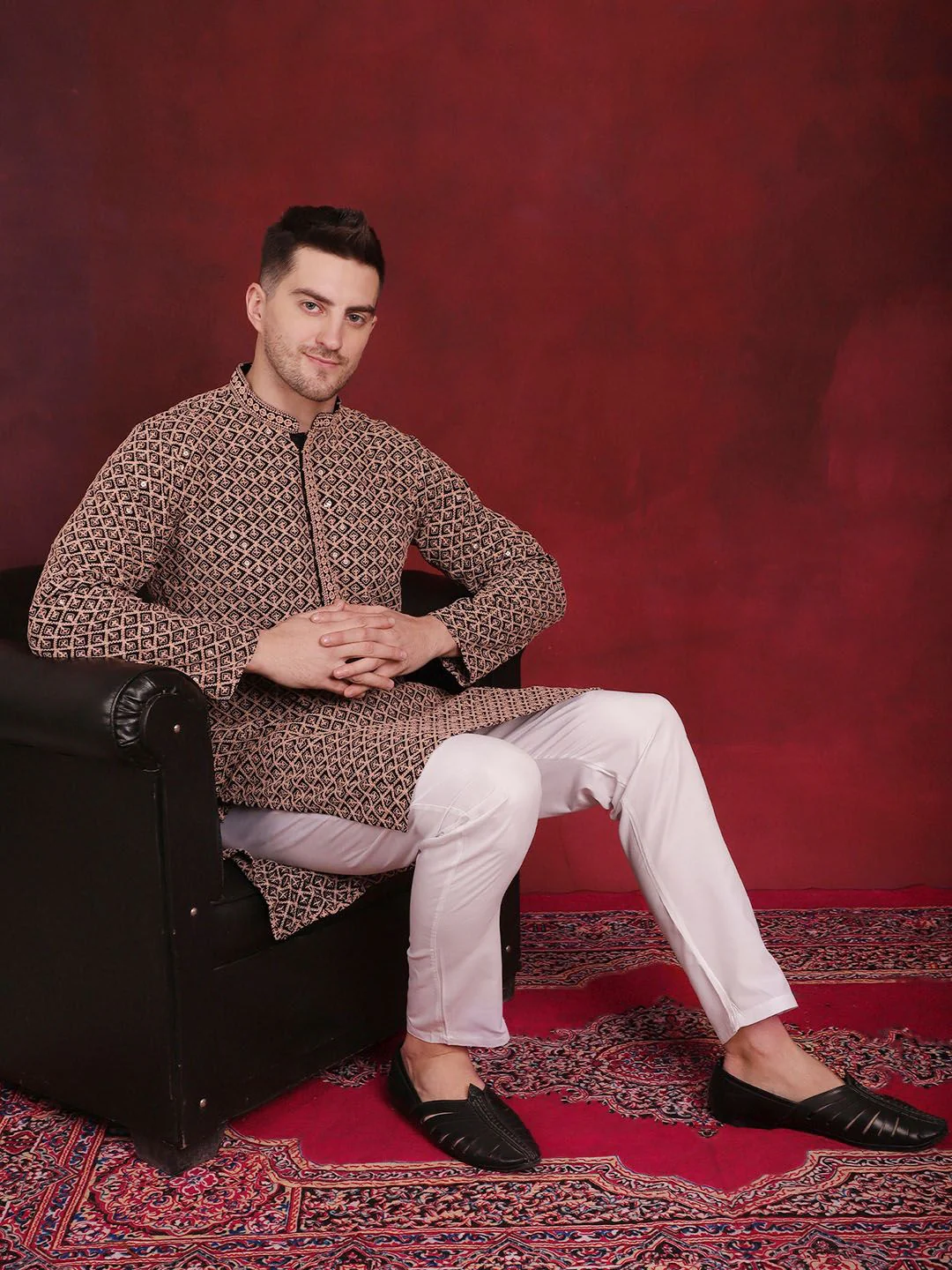 Jompers Geometric Self Design Thread Work Pure Cotton Kurta With Pyjamas - Image 6