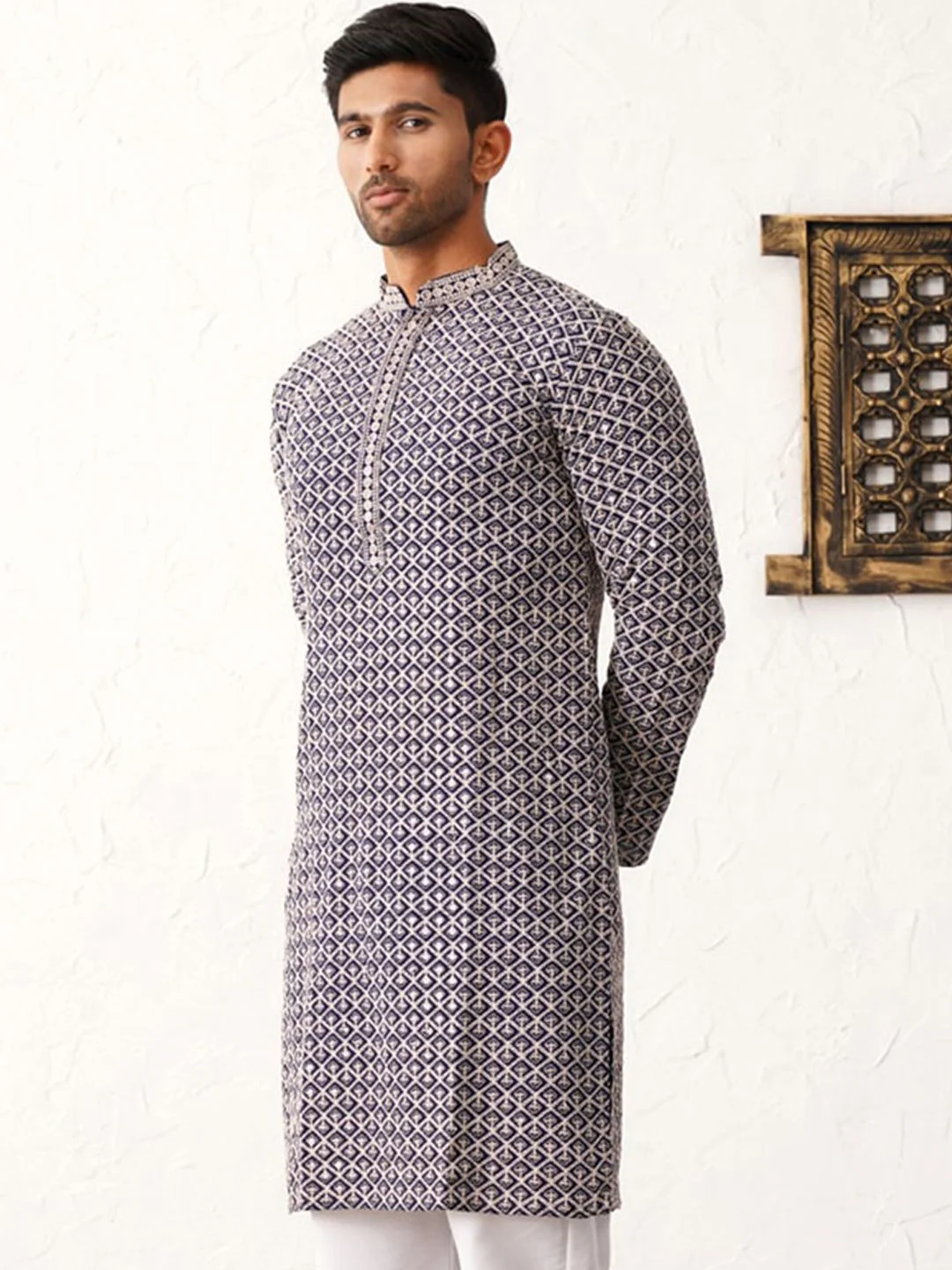 Jompers Mandarin Collar Geometric Thread Work Cotton Straight Kurta