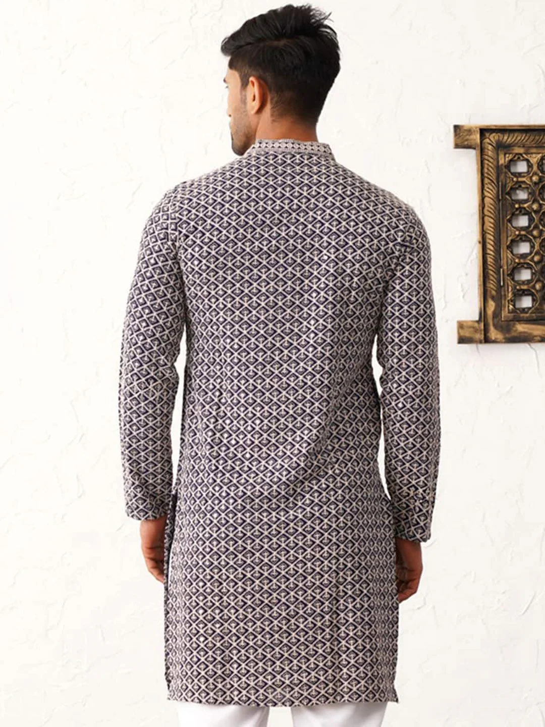 Jompers Mandarin Collar Geometric Thread Work Cotton Straight Kurta - Image 6