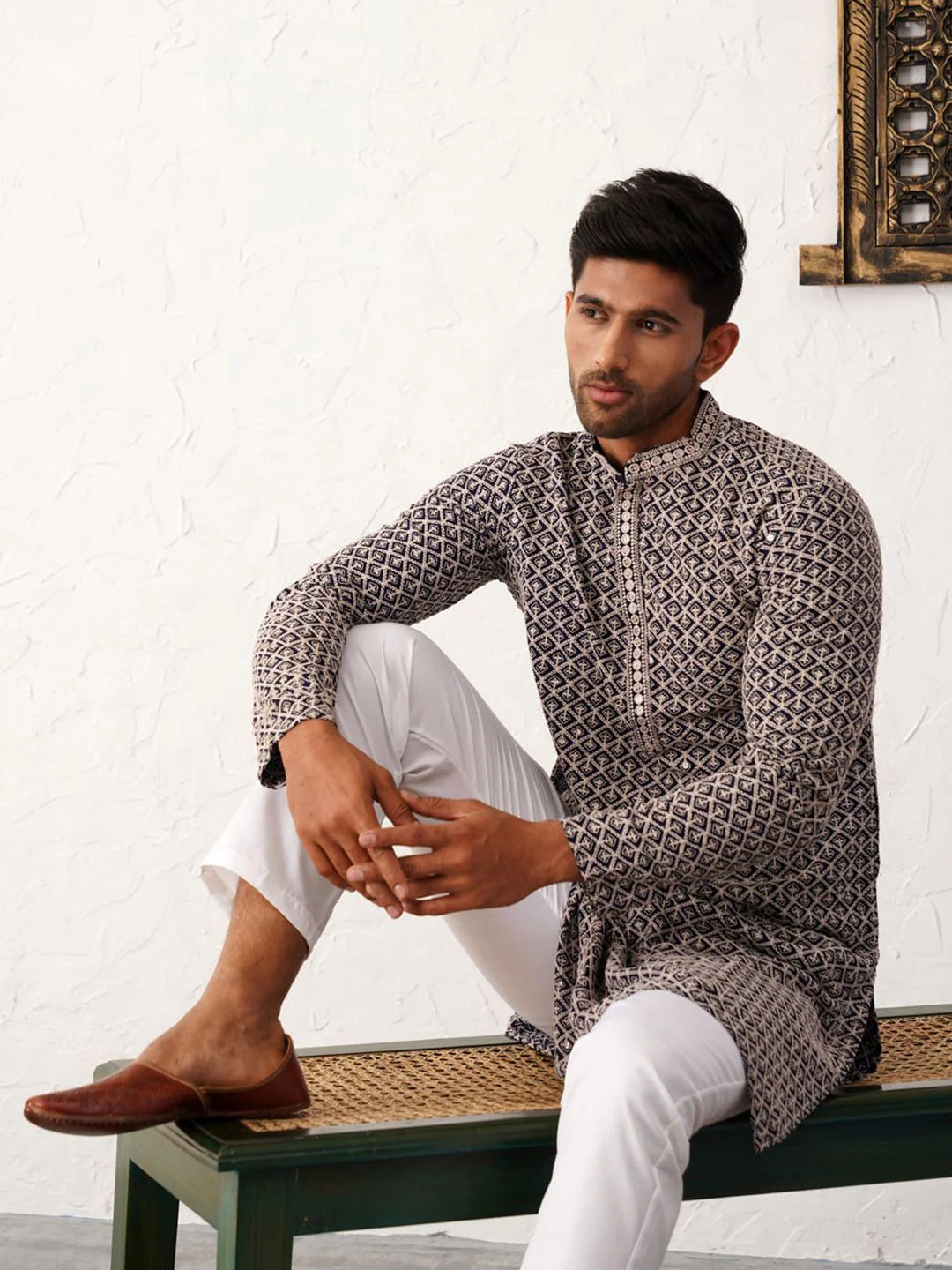 Jompers Mandarin Collar Geometric Thread Work Cotton Straight Kurta - Image 7