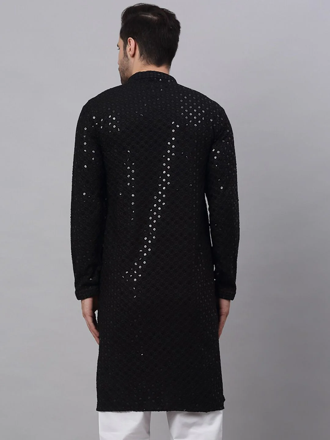 Jompers Men Black Floral Embroidered Sequined Cotton Kurta