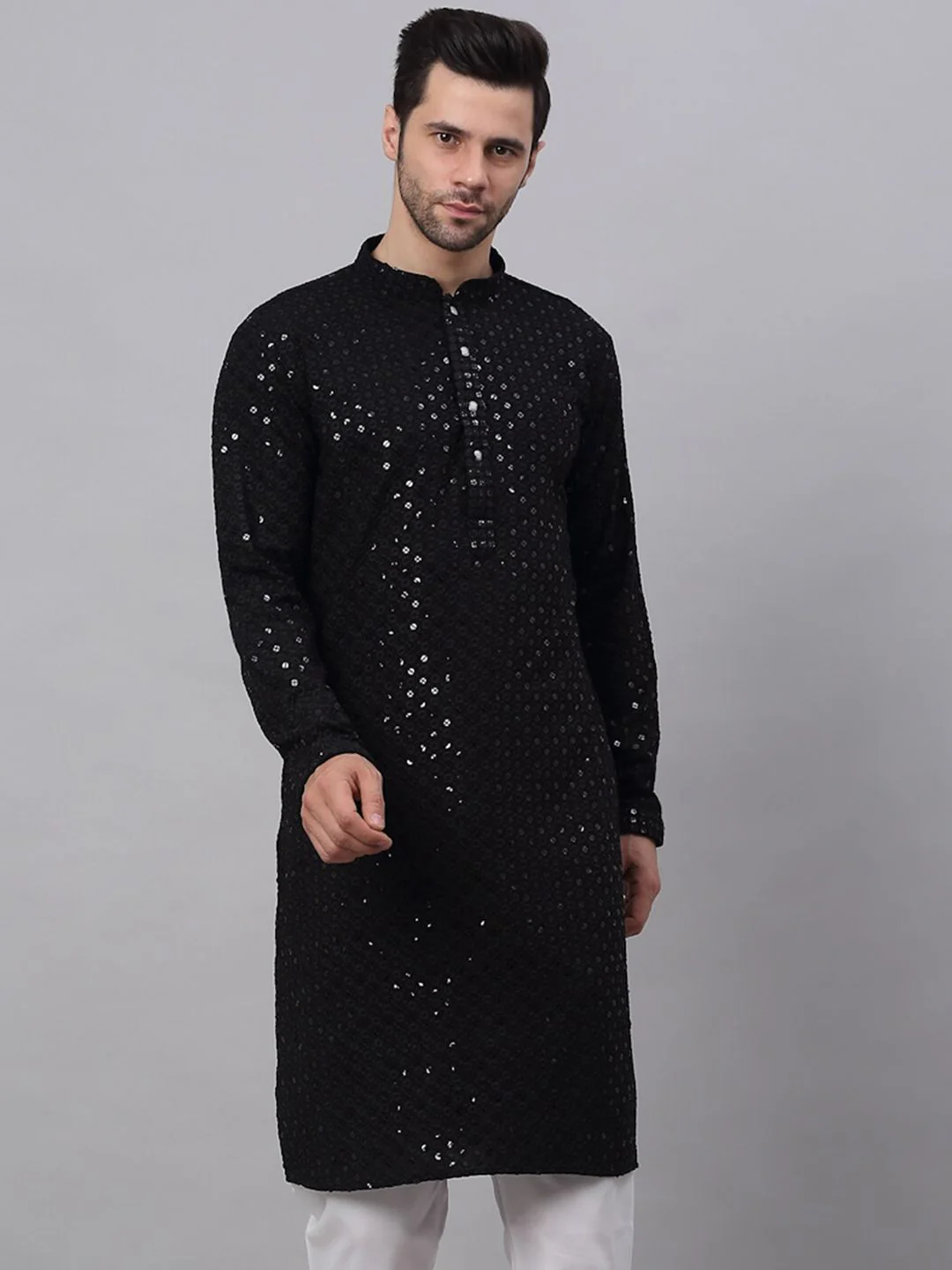 Jompers Men Black Floral Embroidered Sequined Cotton Kurta - Image 3