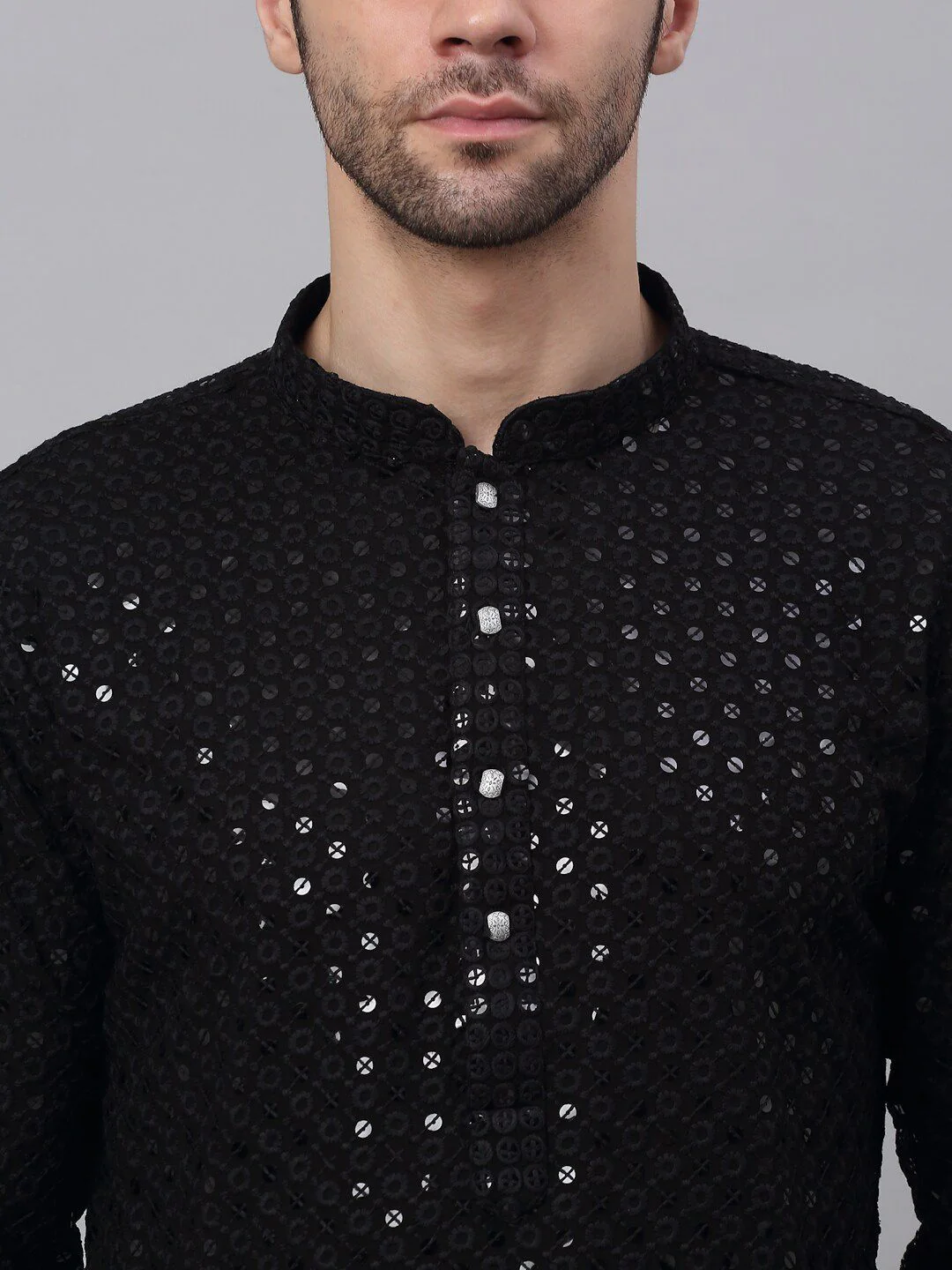 Jompers Men Black Floral Embroidered Sequined Cotton Kurta - Image 4
