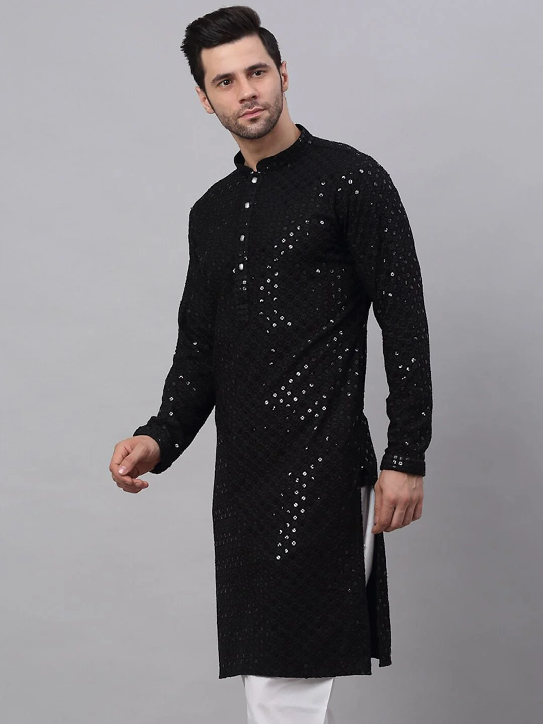 Jompers Men Black Floral Embroidered Sequined Cotton Kurta - Image 5