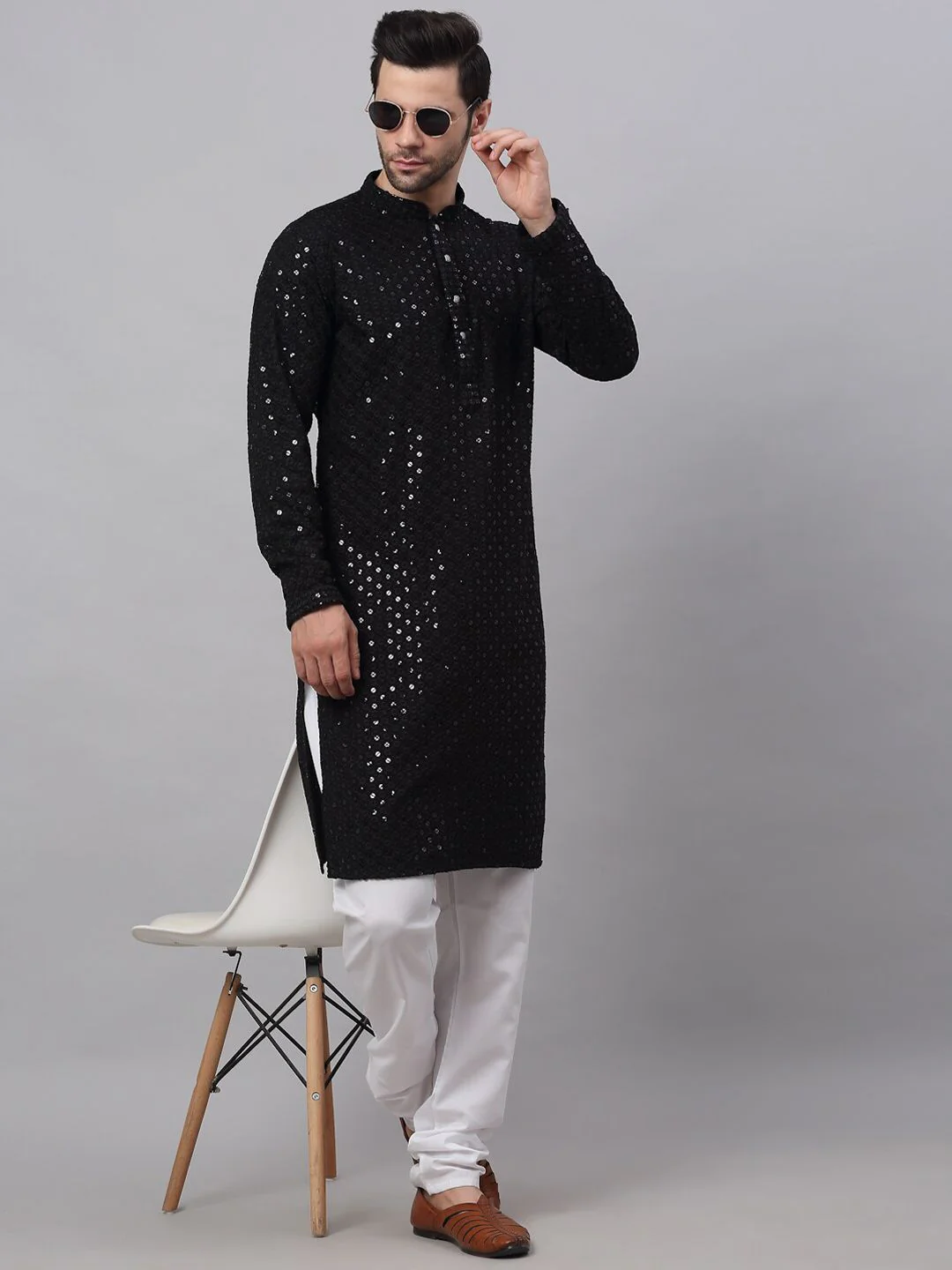 Jompers Men Black Floral Embroidered Sequined Cotton Kurta - Image 6