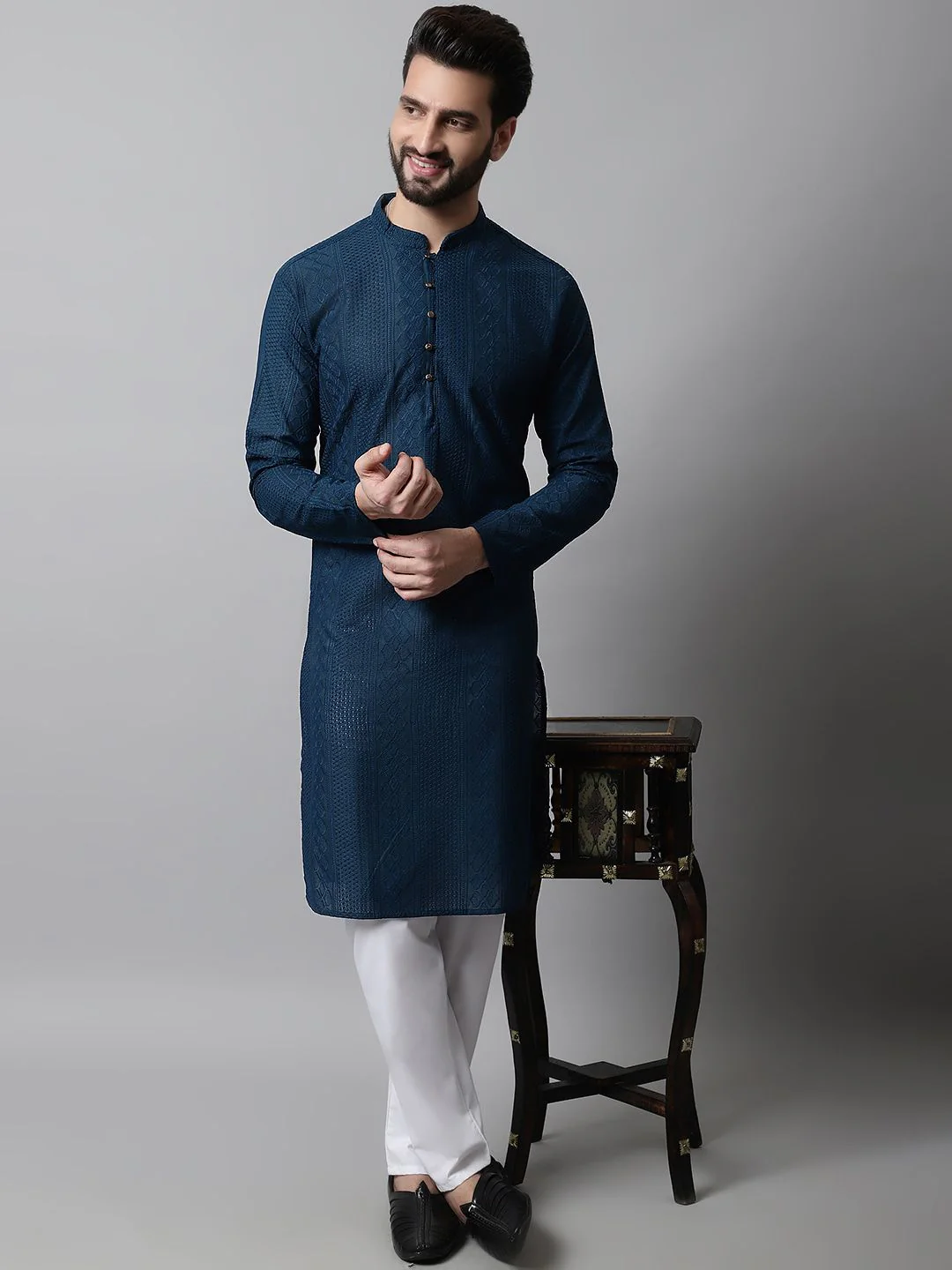 Jompers Men Embroidered Chikankari Pure Cotton Kurta with Pyjamas - Image 6