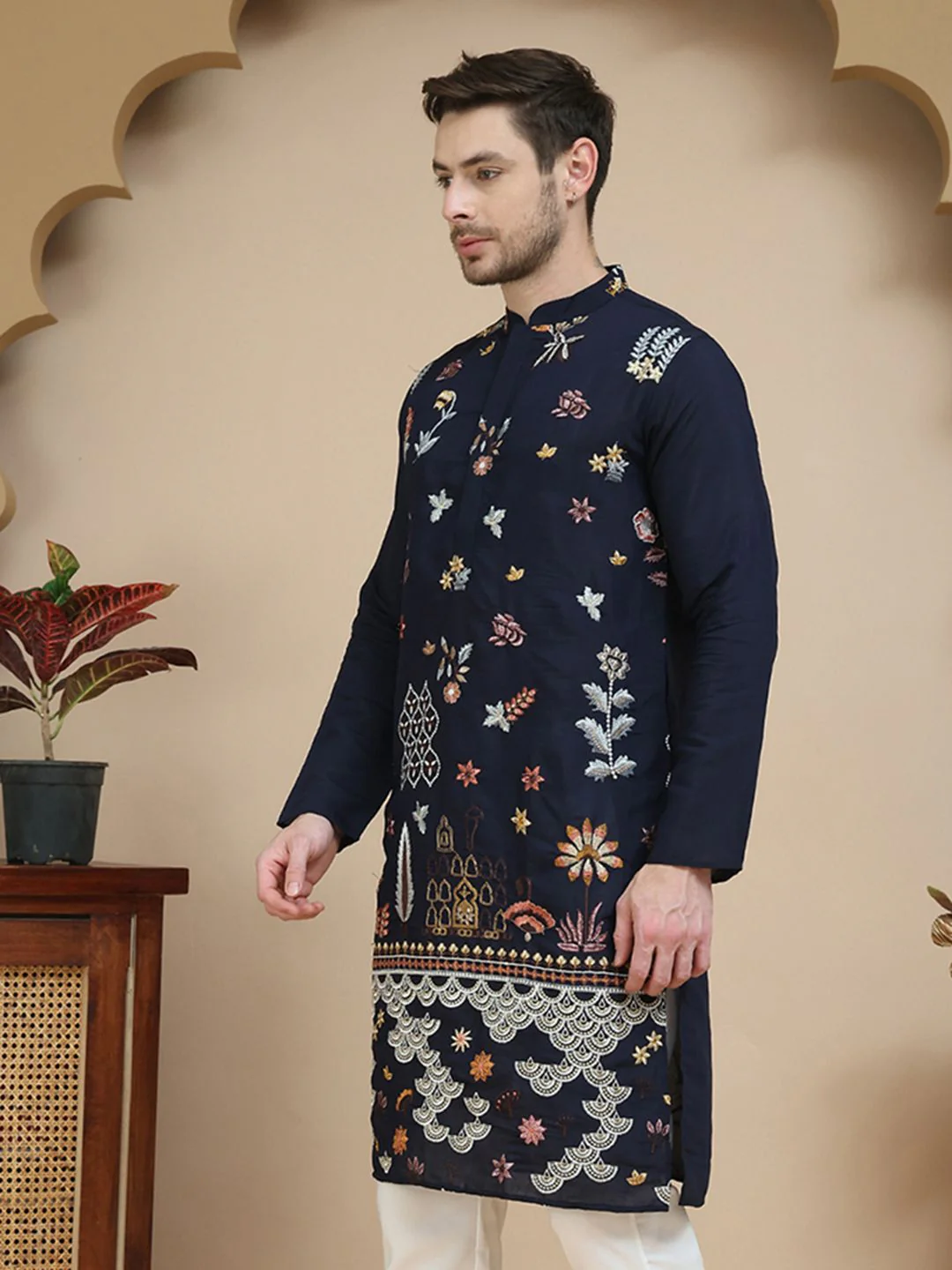 Jompers Men Ethnic Motifs Embroidered Festive Silk Straight Kurta - Image 5