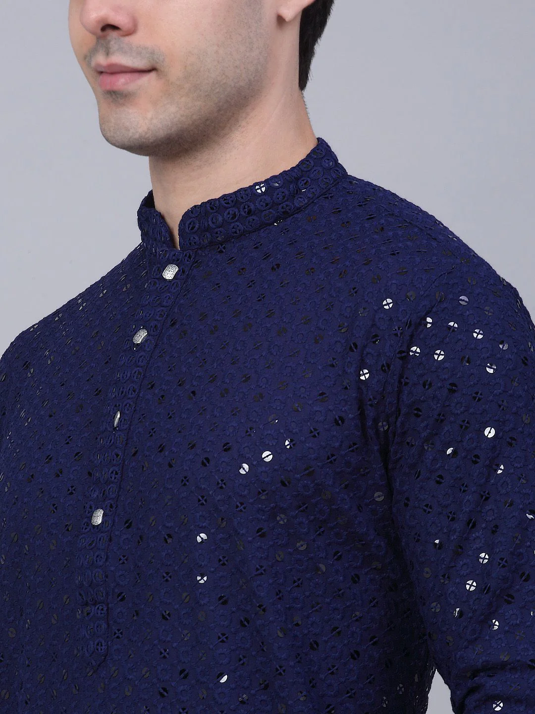 Jompers Men Ethnic Motifs Mirror Work Indigo Cotton Kurta - Image 2