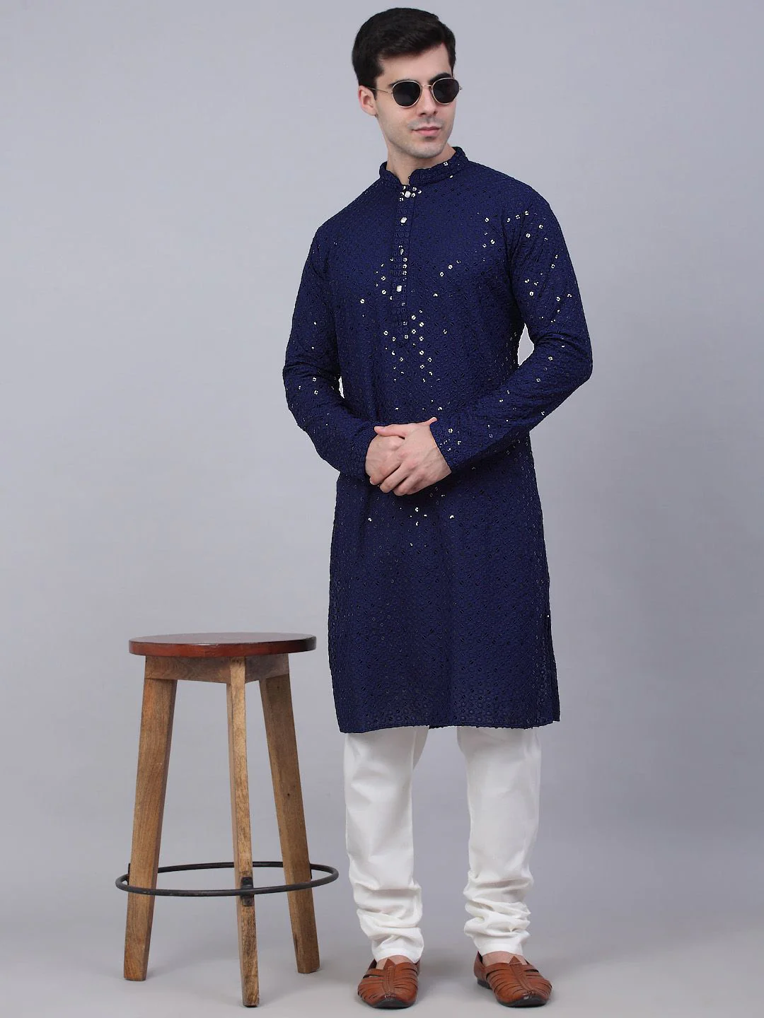 Jompers Men Ethnic Motifs Mirror Work Indigo Cotton Kurta - Image 4