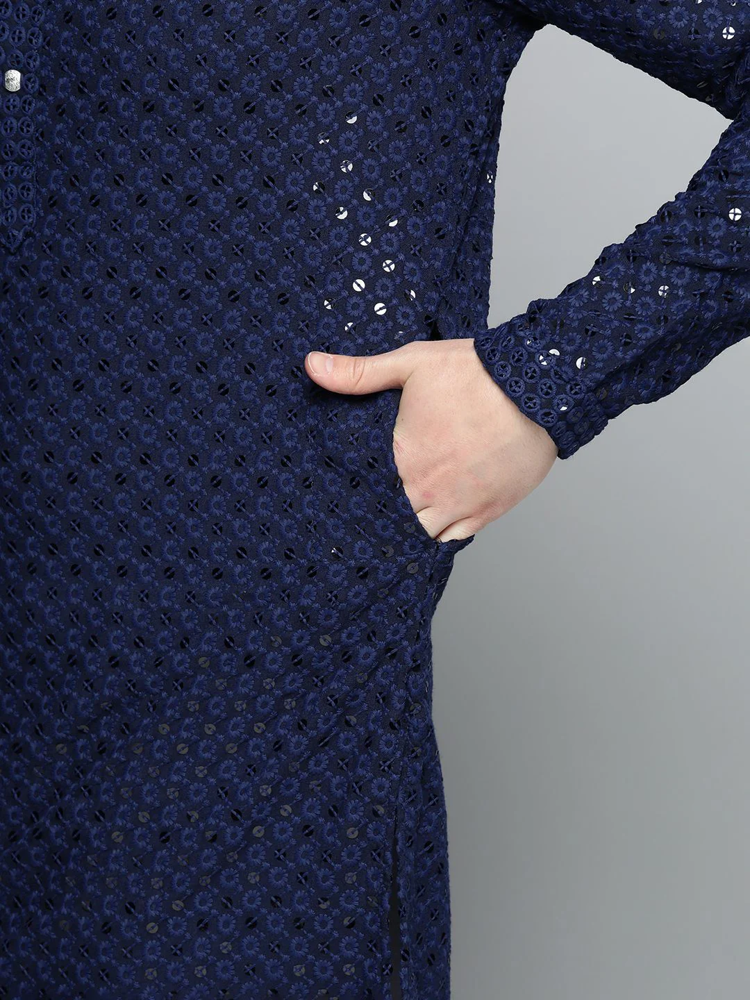 Jompers Men Floral Embroidered Chikankari Pure Cotton Kurta with Churidar - Image 7