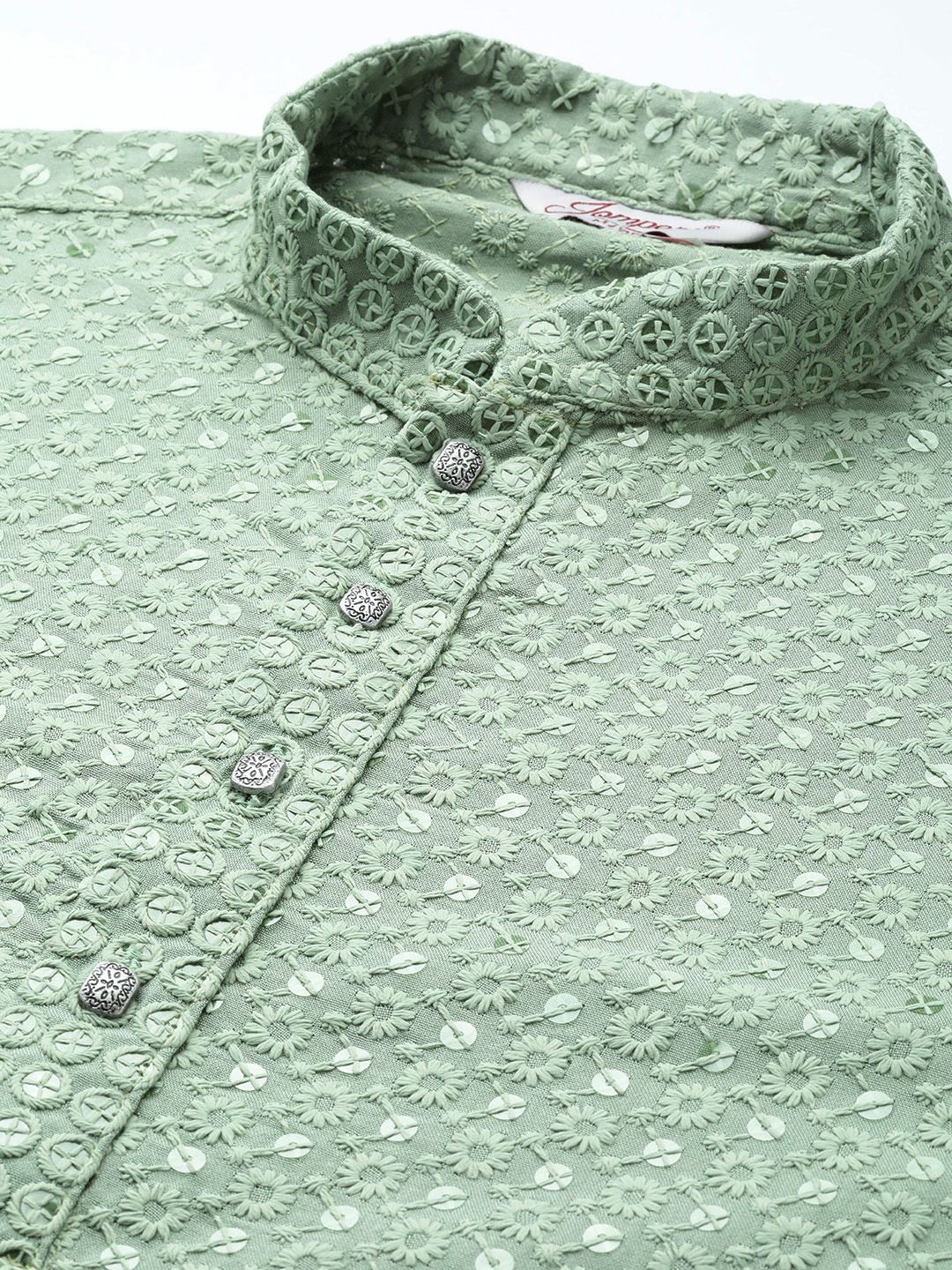 Jompers Men Floral Embroidered Chikankari Pure Cotton Kurta with Pyjamas - Image 2
