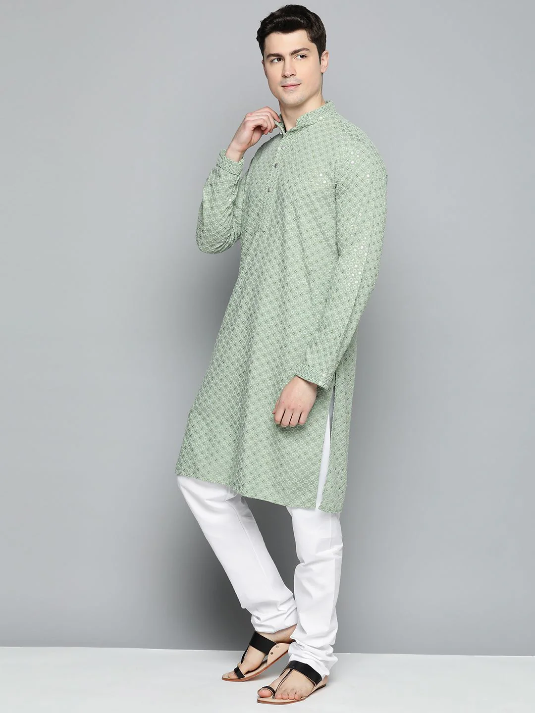 Jompers Men Floral Embroidered Chikankari Pure Cotton Kurta with Pyjamas - Image 5