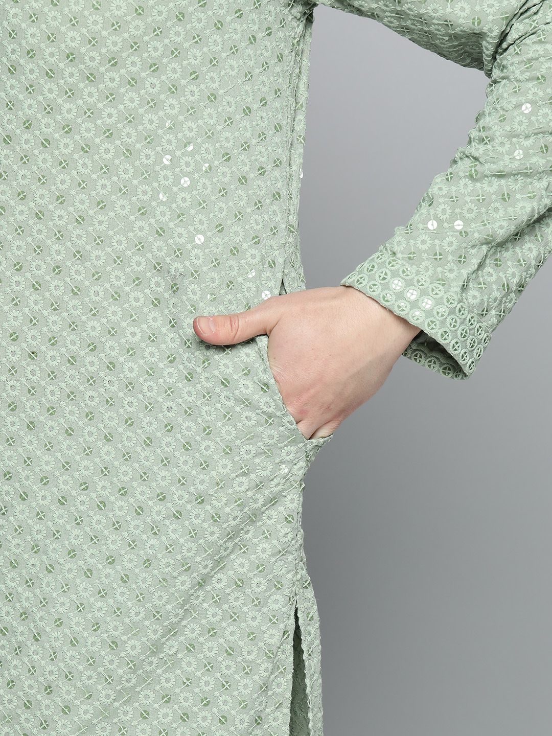 Jompers Men Floral Embroidered Chikankari Pure Cotton Kurta with Pyjamas - Image 7