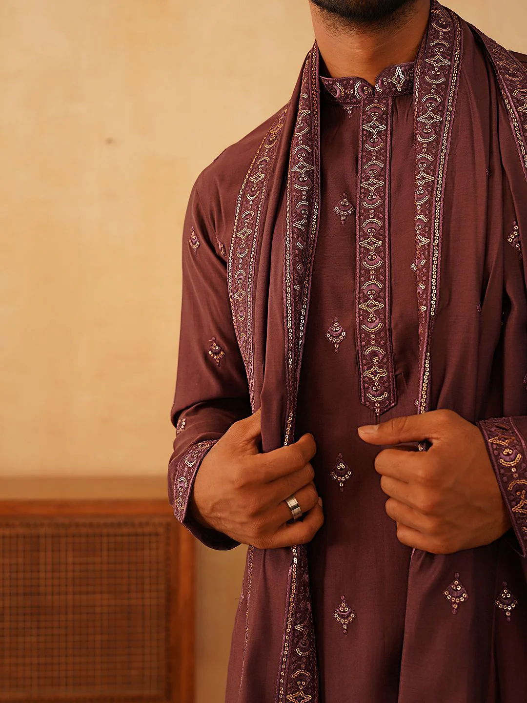 Jompers Men Floral Embroidered Regular Sequinned Kurta with Pyjamas & With Dupatta - Image 2
