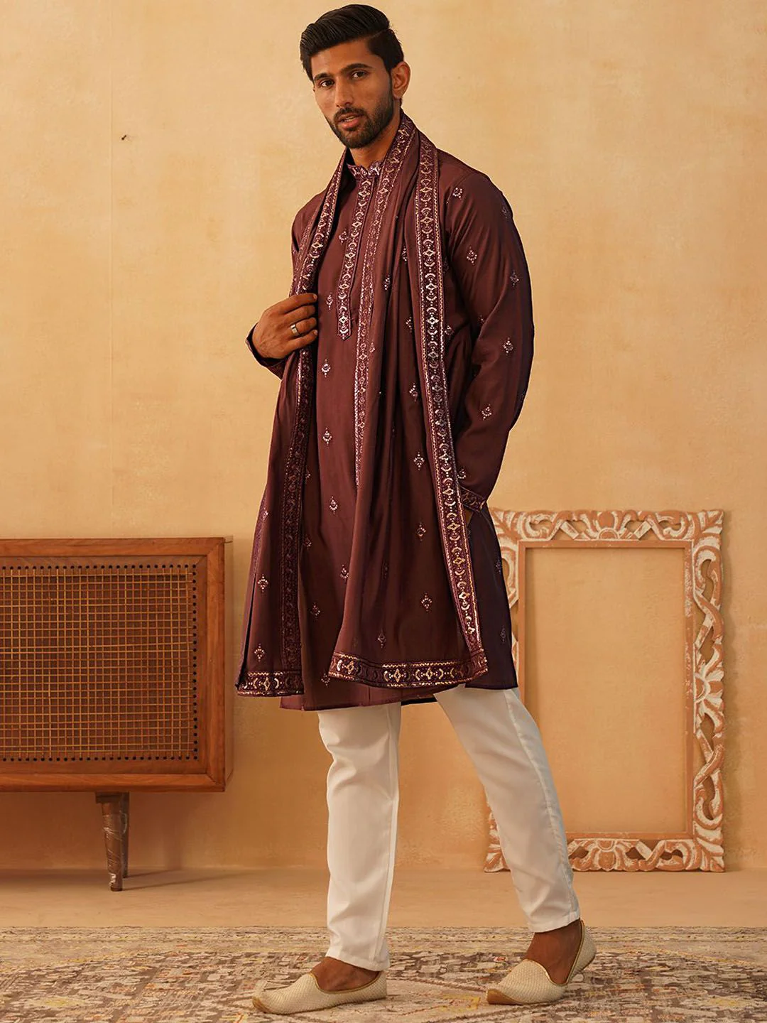 Jompers Men Floral Embroidered Regular Sequinned Kurta with Pyjamas & With Dupatta - Image 6