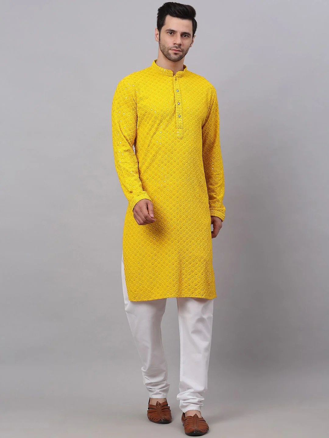 Jompers Men Floral Embroidered Sequinned Pure Cotton Kurta with Churidar