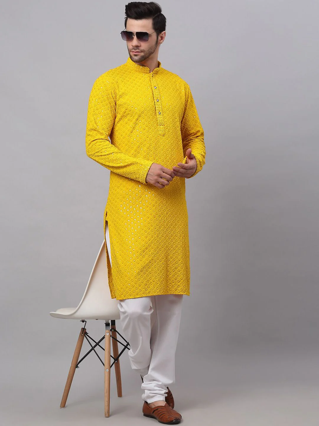 Jompers Men Floral Embroidered Sequinned Pure Cotton Kurta with Churidar - Image 6