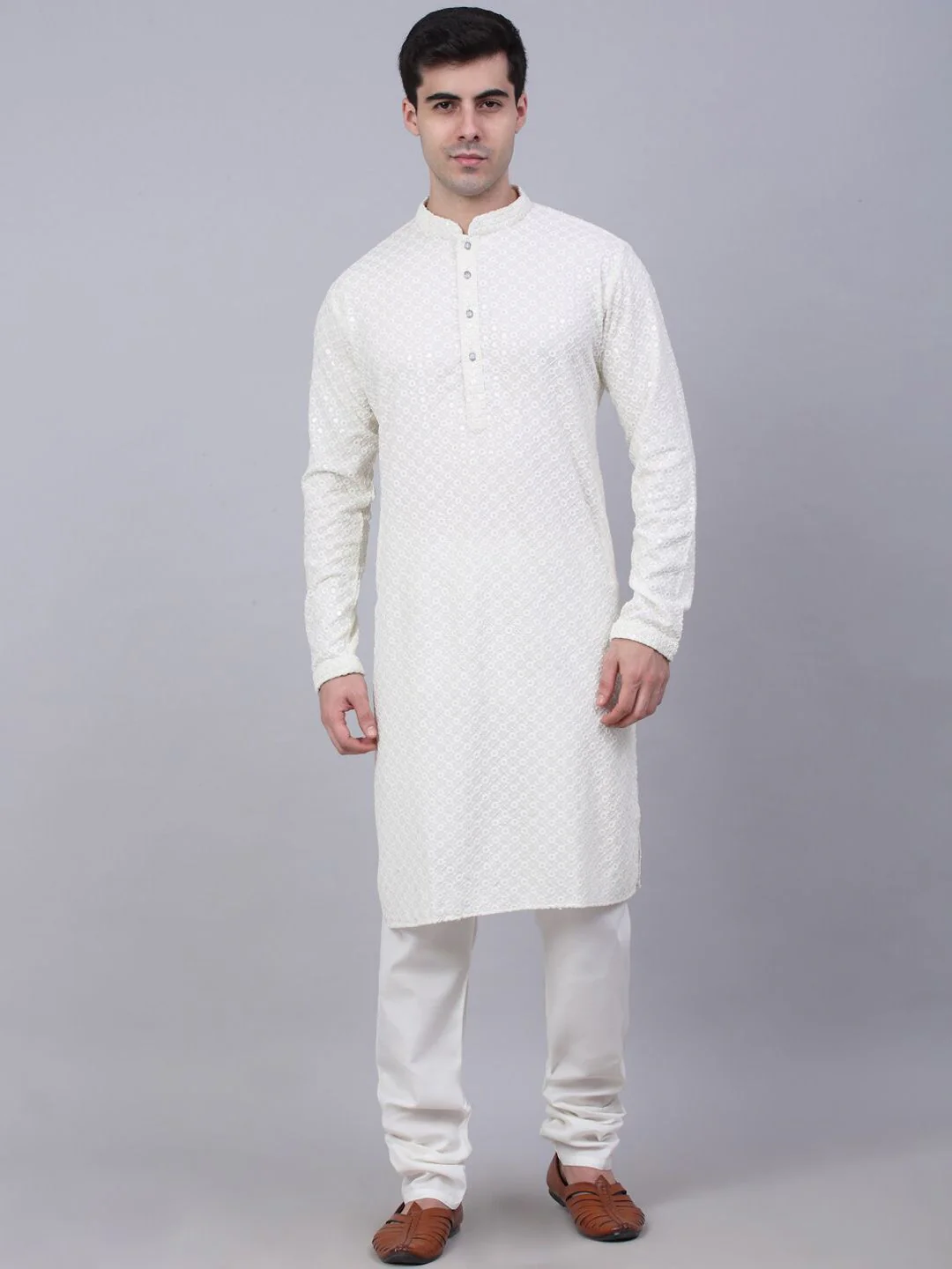 Jompers Men Floral Embroidered Sequinned Pure Cotton Kurta with Churidar