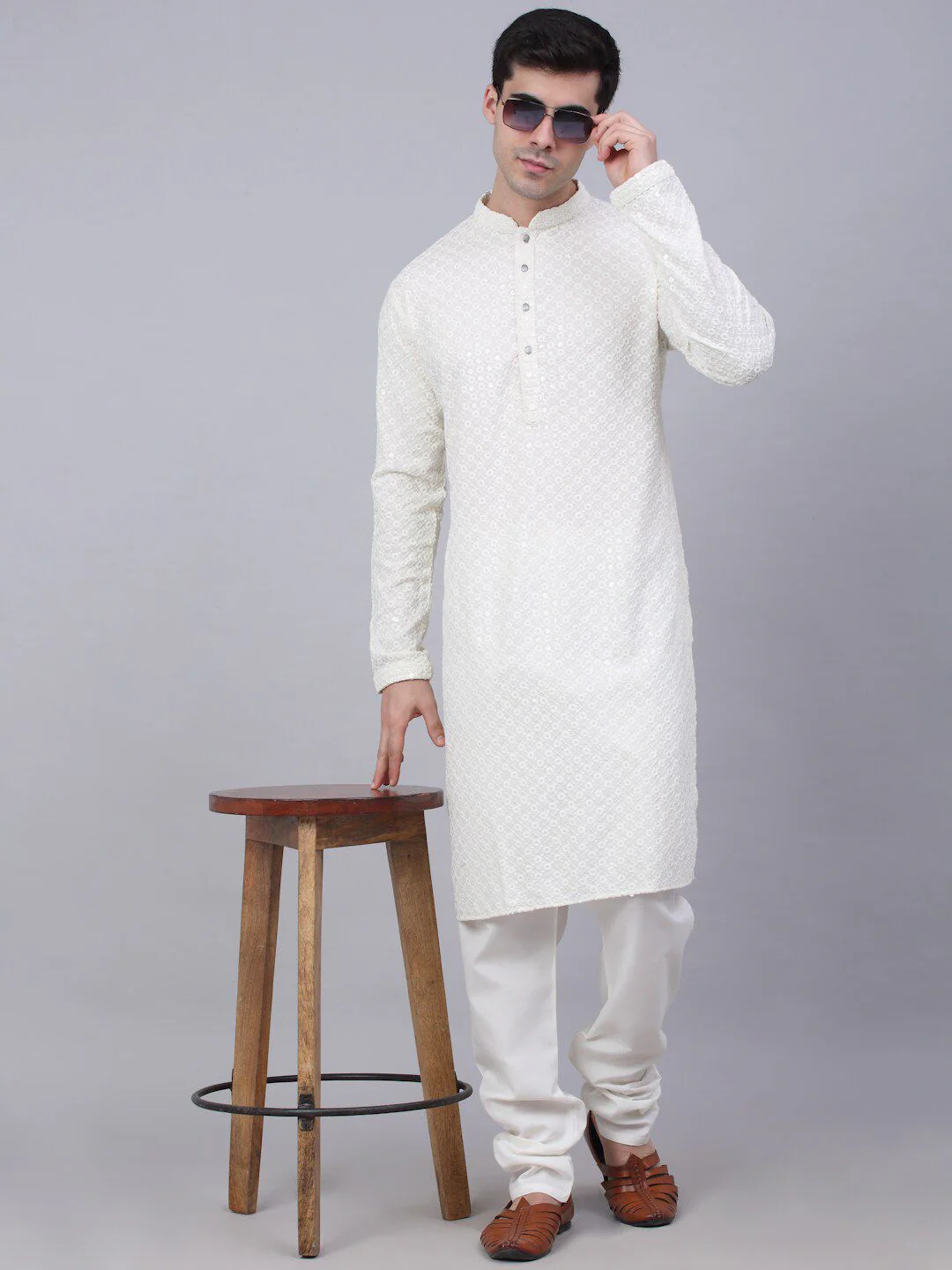 Jompers Men Floral Embroidered Sequinned Pure Cotton Kurta with Churidar - Image 6