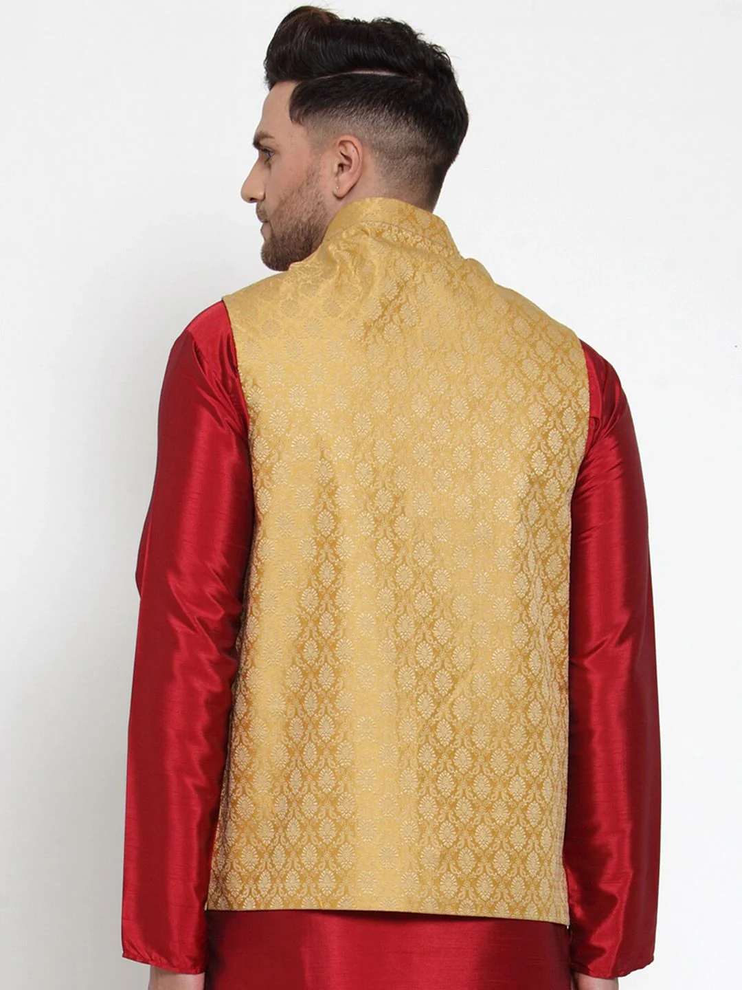 Jompers Men Gold-Coloured & Beige Woven Design Nehru Jacket - Image 5