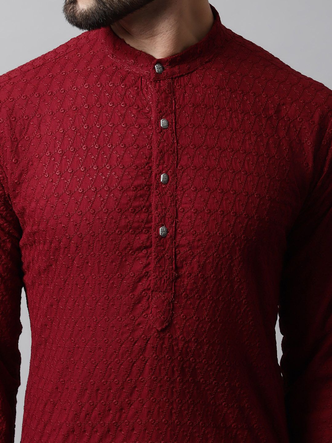 Jompers Men Maroon Embroidered Chikankari Kurta with Pyjamas - Image 2